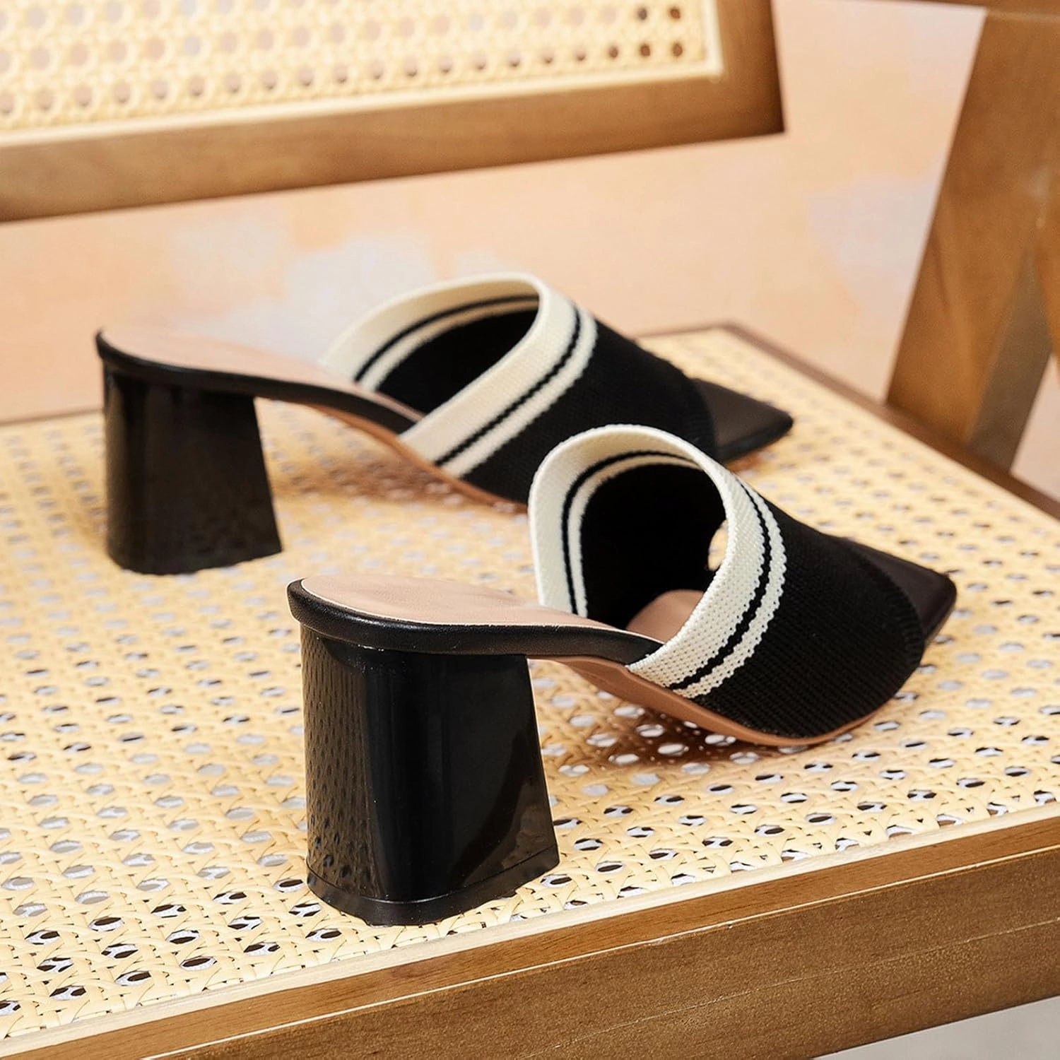 Remove Smell From Flip Flops Fashion Contrast Color Knit Heels Mules for Women Dressy Square Open Toe Heels Chunky Low Block Heel Sandals Slip On