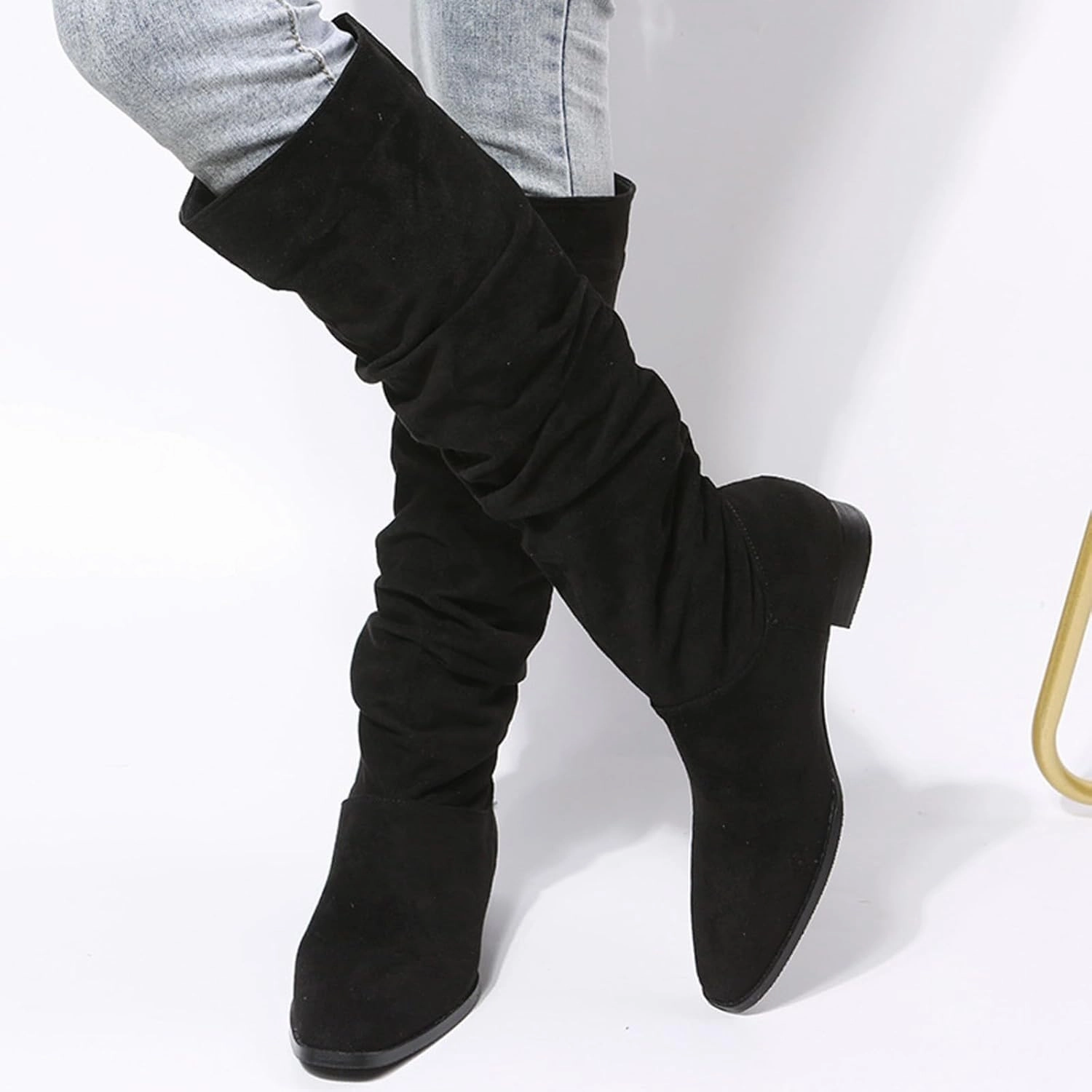 Knee High Boots Women Low Heel Fashion Pointed Toe Chunky Heel Thigh High Fashion Comfortable Knee High Pile Boots High Knee Open Toe Boots