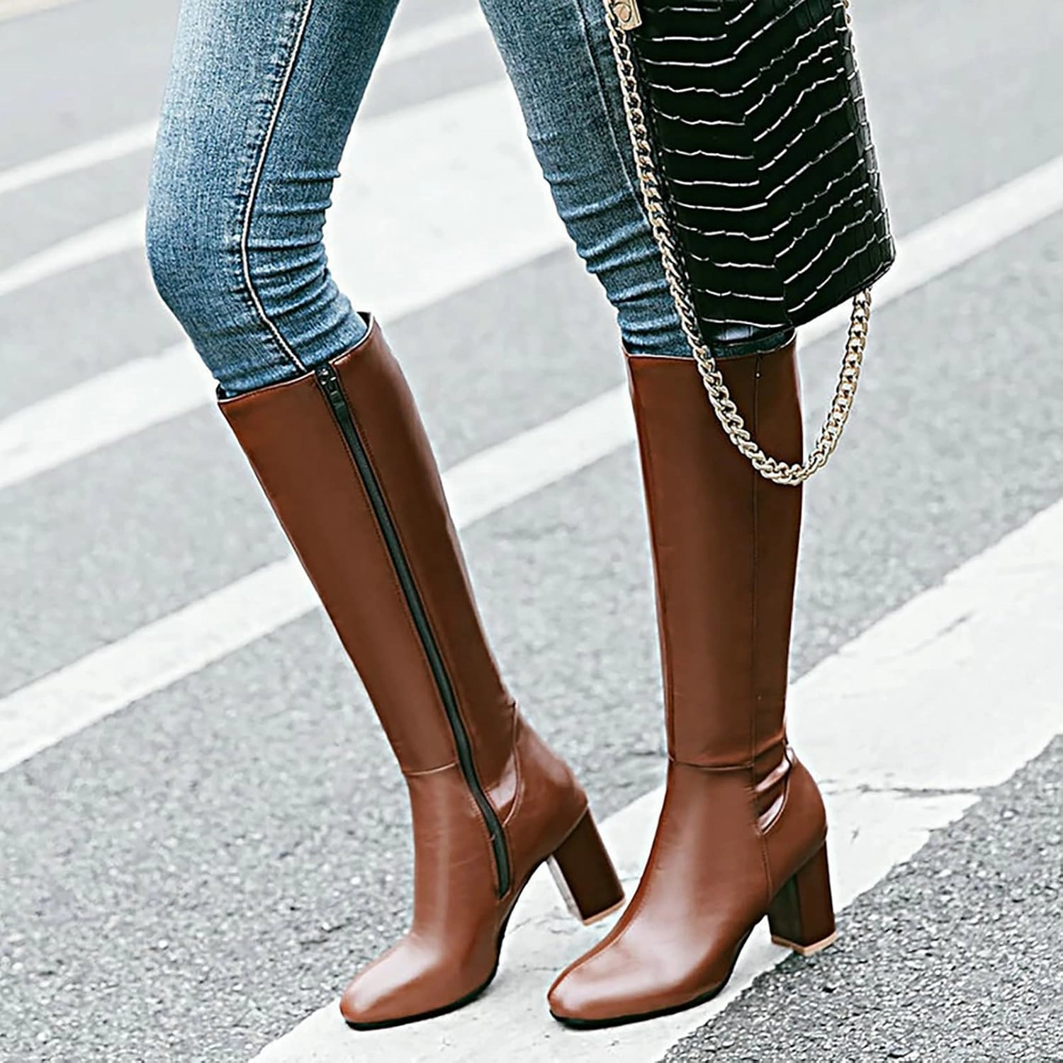 Flat Leather Knee High Boots Over the Knee Boots for Women Thigh High Boots Women's Thick Heel High Heel Square Head Fashionable Long Tall Boots