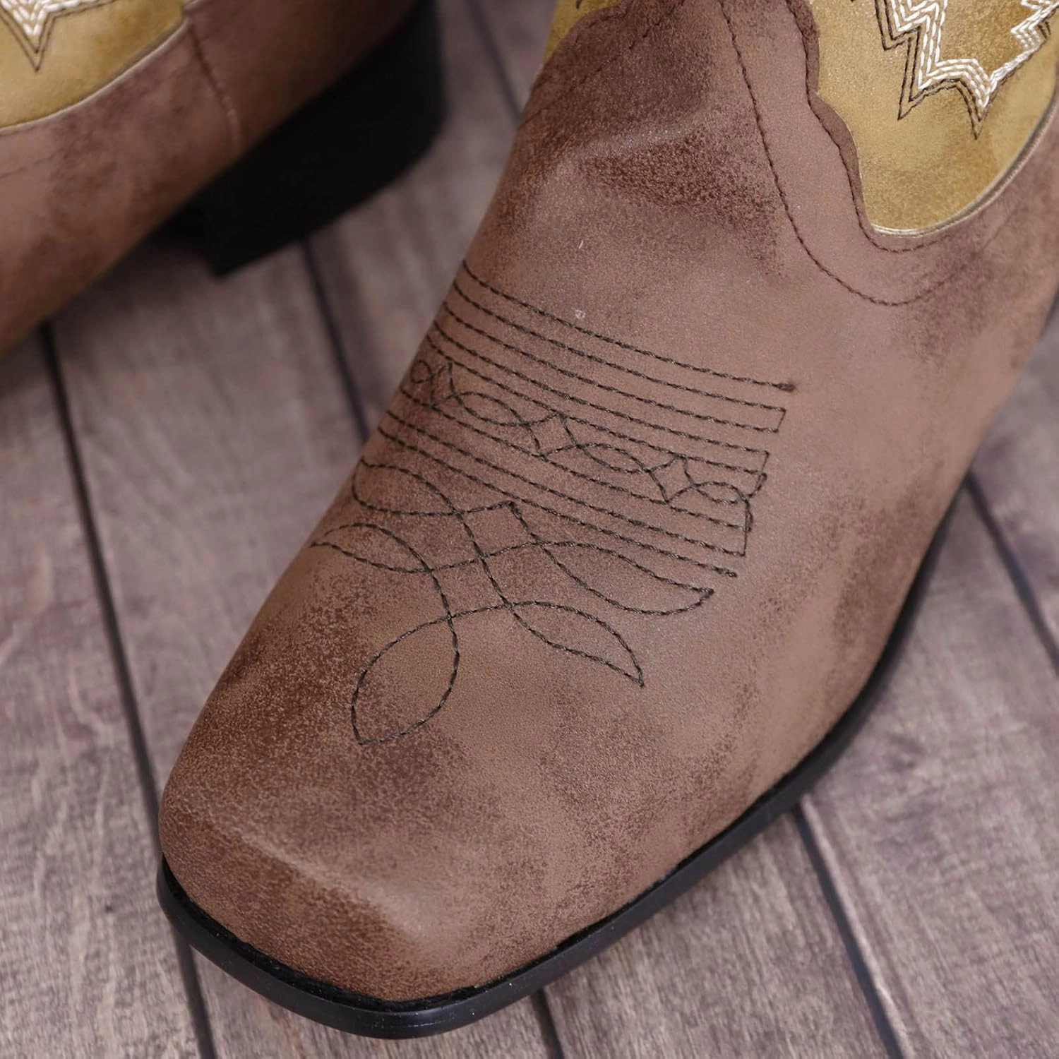 Chunky Sole Combat Boots Combat Boots Womens Slip-On Western Cowboy Boots Round Toe Low-Heeled Cowgirl Mid-Calf Short Suede Boots