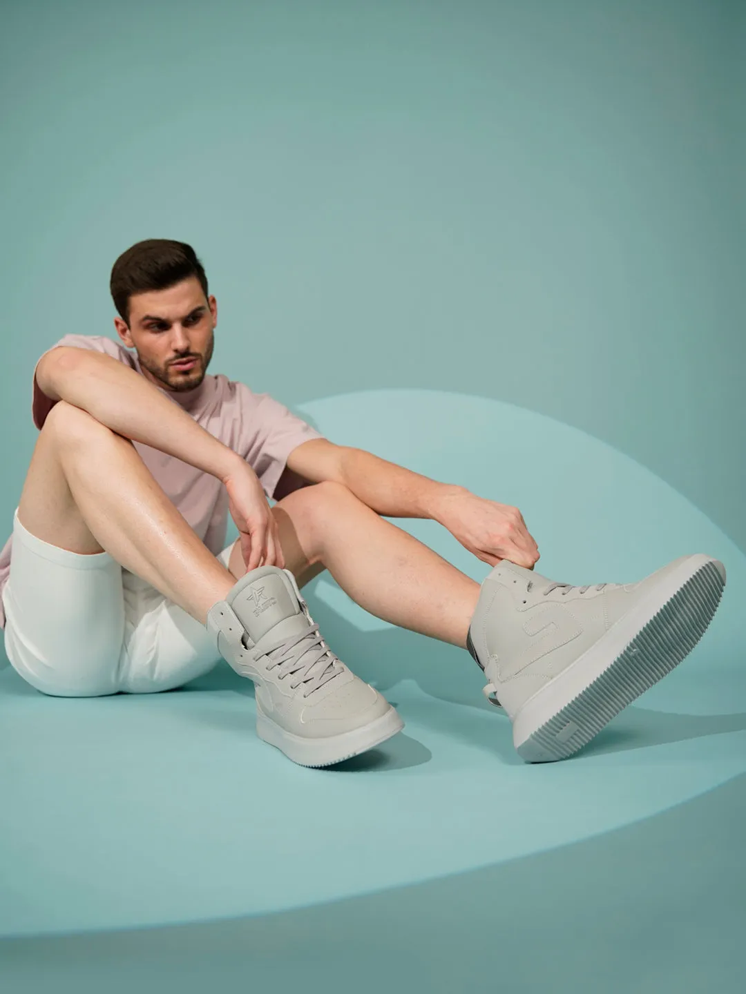 FAUSTO Men Grey High Top Chunky Classic Lace Up Sneakers|High Ankle Sneakers With Memory Cushion|Lightweight All Day Sneakers Knee High Boots Without Heel