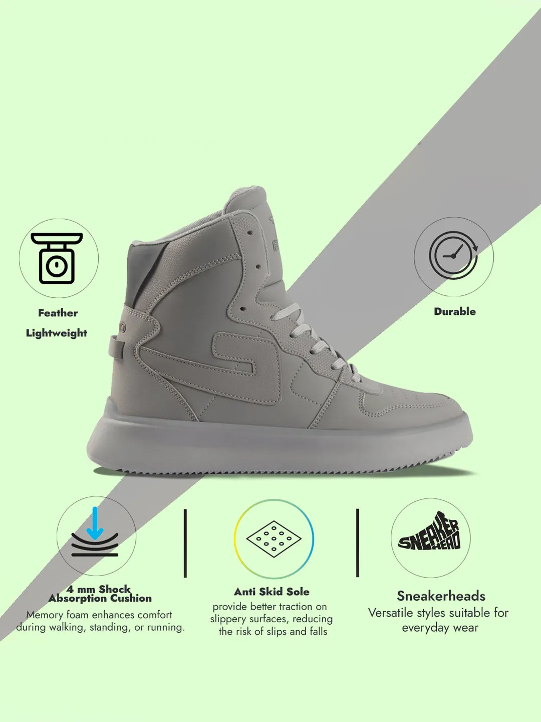 FAUSTO Men Grey High Top Chunky Classic Lace Up Sneakers|High Ankle Sneakers With Memory Cushion|Lightweight All Day Sneakers Gym Shoes