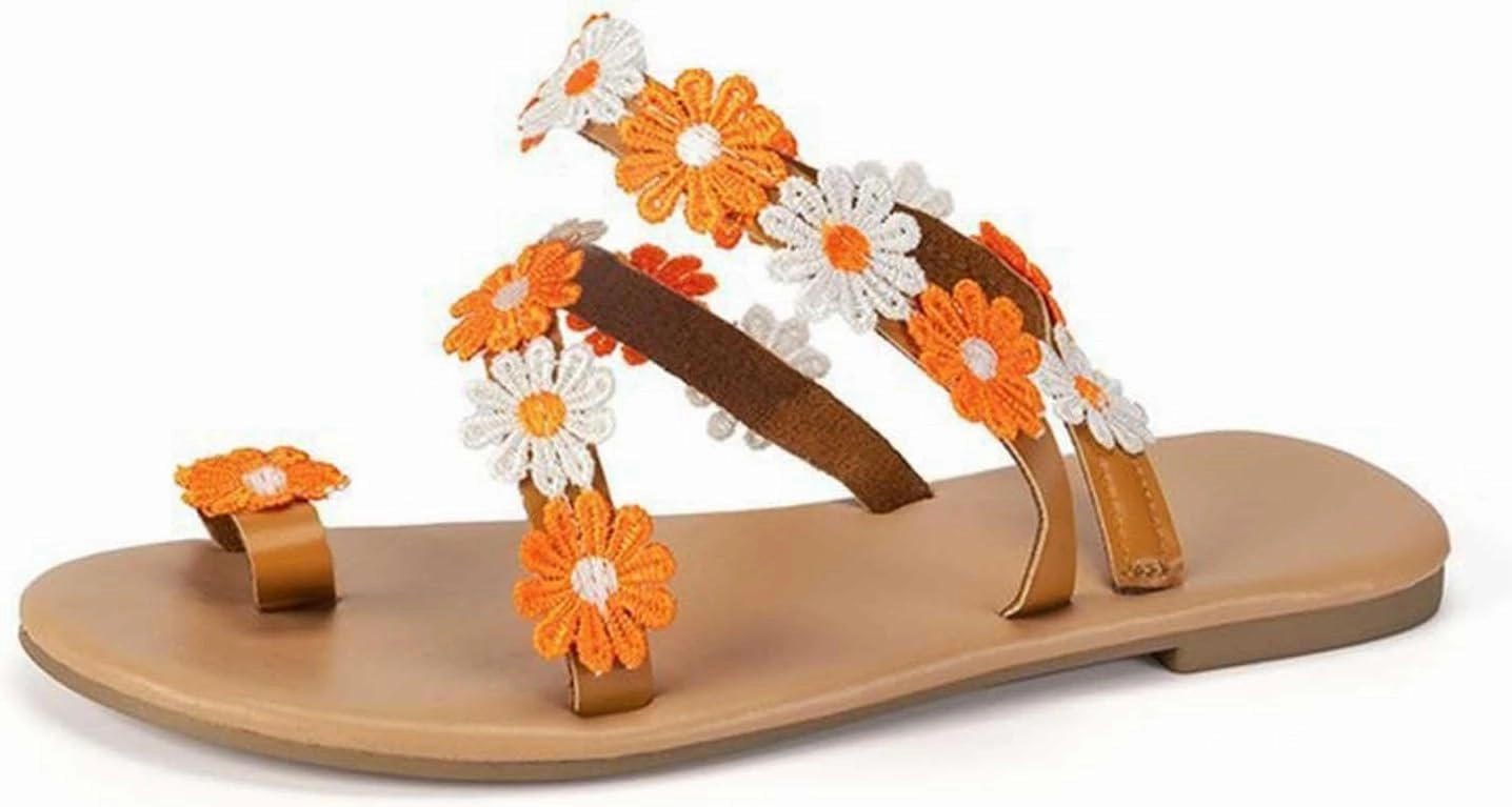 Women's Summer Plus-size Sandals Ethnic Style Flower Clip-toe Beach Flat Slippers Fashionable Boho Casual Flip Flops Slides And Flip Flops