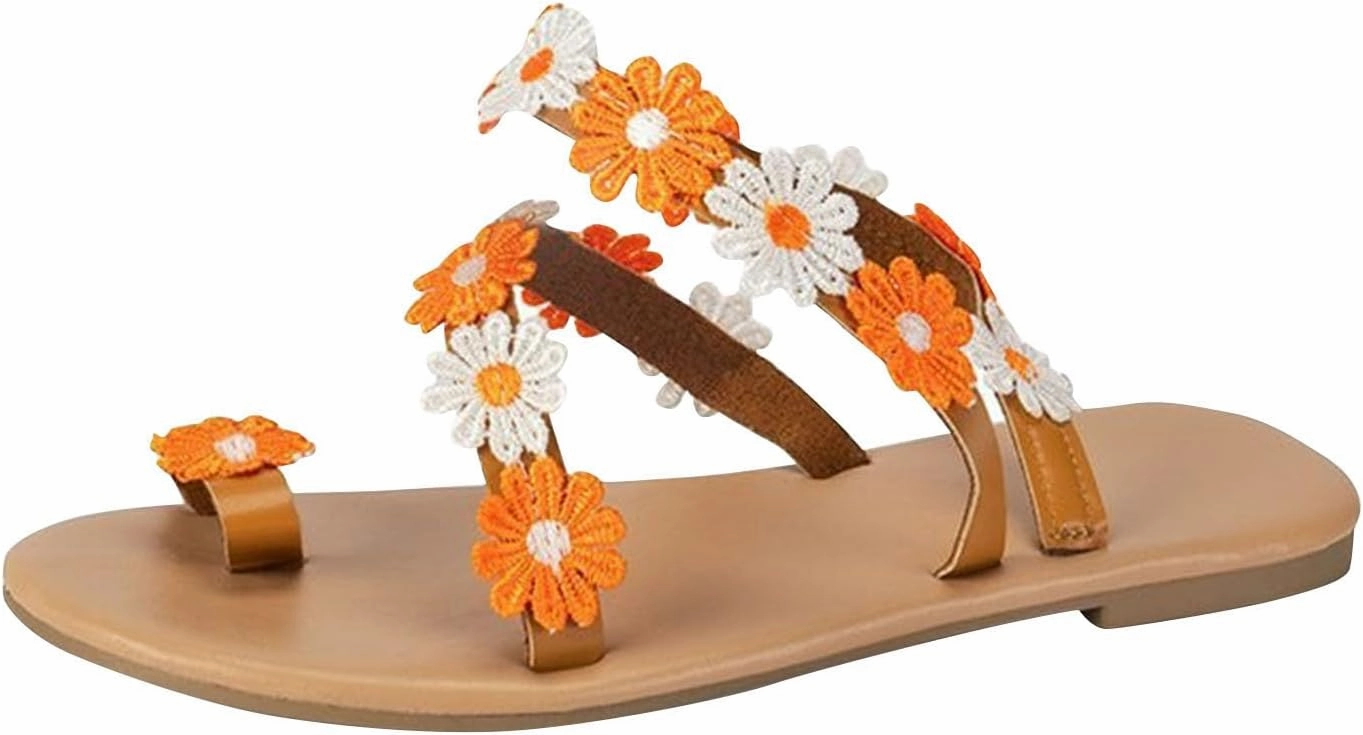 Women's Summer Plus-size Sandals Ethnic Style Flower Clip-toe Beach Flat Slippers Fashionable Boho Casual Flip Flops Shape Up Flip Flops