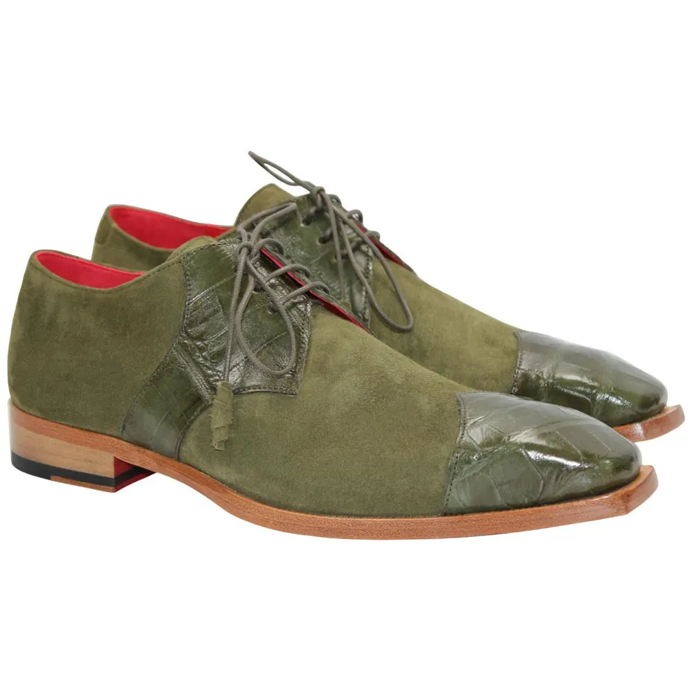 Fennix of Italy Alligator Skin & Suede LANDON Olive Trendy Shoes (USA Men Size) Camper Dress Shoes