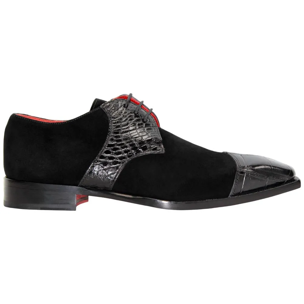Fennix of Italy Genuine Alligator Skin & Suede LANDON Black Shoes (USA Men Size) Straight Lace Dress Shoes