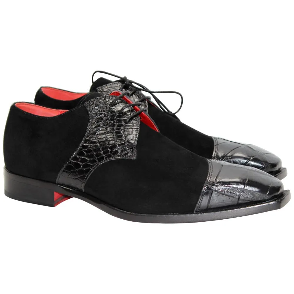 Fennix of Italy Genuine Alligator Skin & Suede LANDON Black Shoes (USA Men Size) Carlyle Plain-toe Oxford Dress Shoe