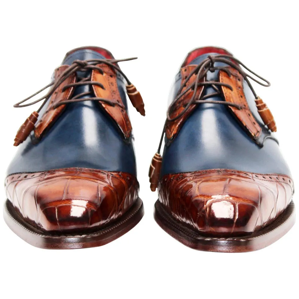 Flat Platform Dress Shoes Fennix of Italy Genuine Alligator Skin JAX Cognac/Navy Derby Shoes (US Men Size)