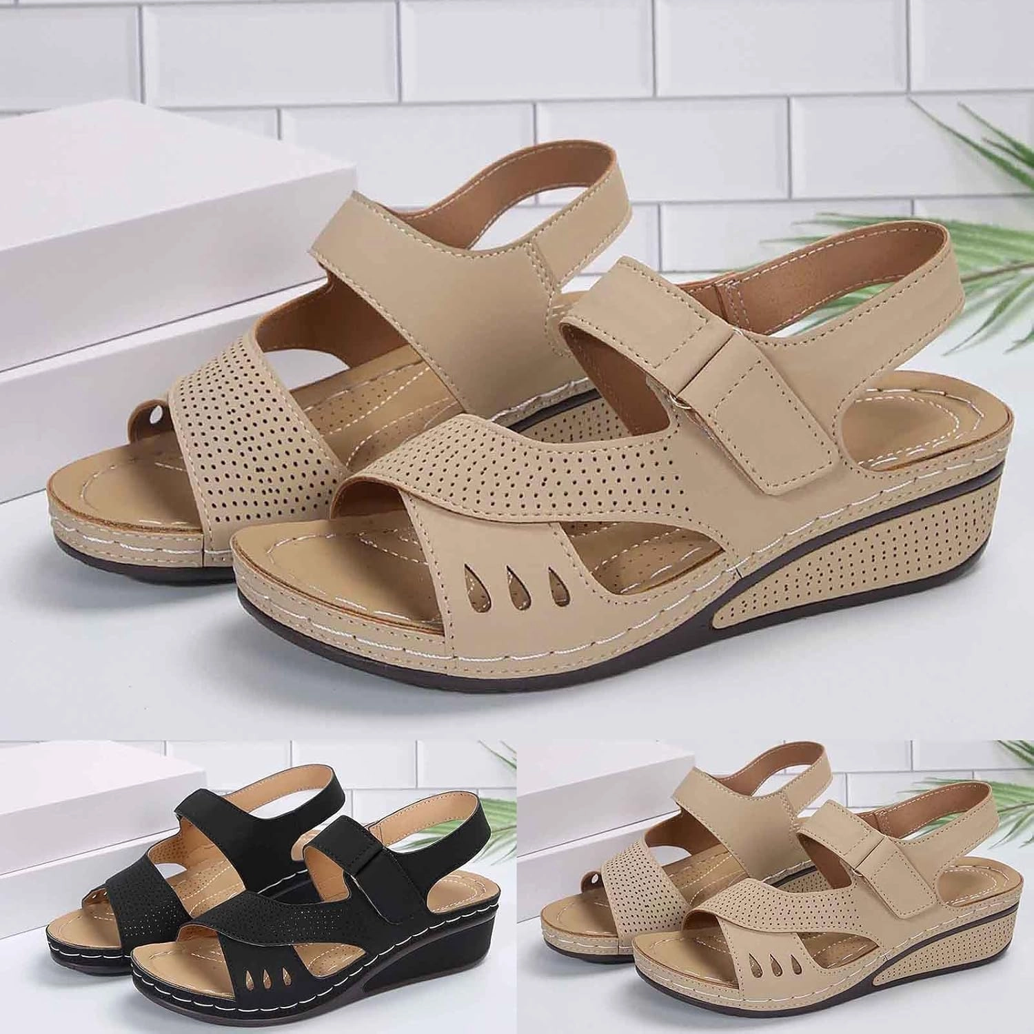 Flat Sandals for Women Round Toe Cross Straps Hollow Out Wedge Heel Breathable Lightweight Beach Walking Sandals Flip Flops Ugly Feet