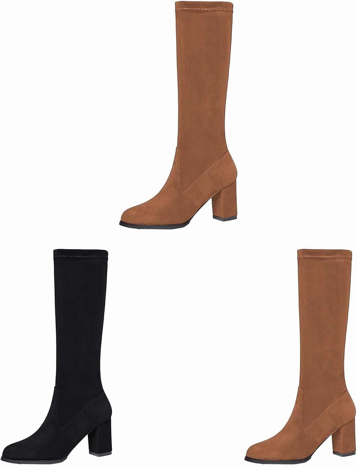 Leather Wide Calf Knee High Boots Women Chunky Heel Knee High and Up Boots Thigh High Block Heel Square Toe Side Zipper Faux Suede Winter Boot