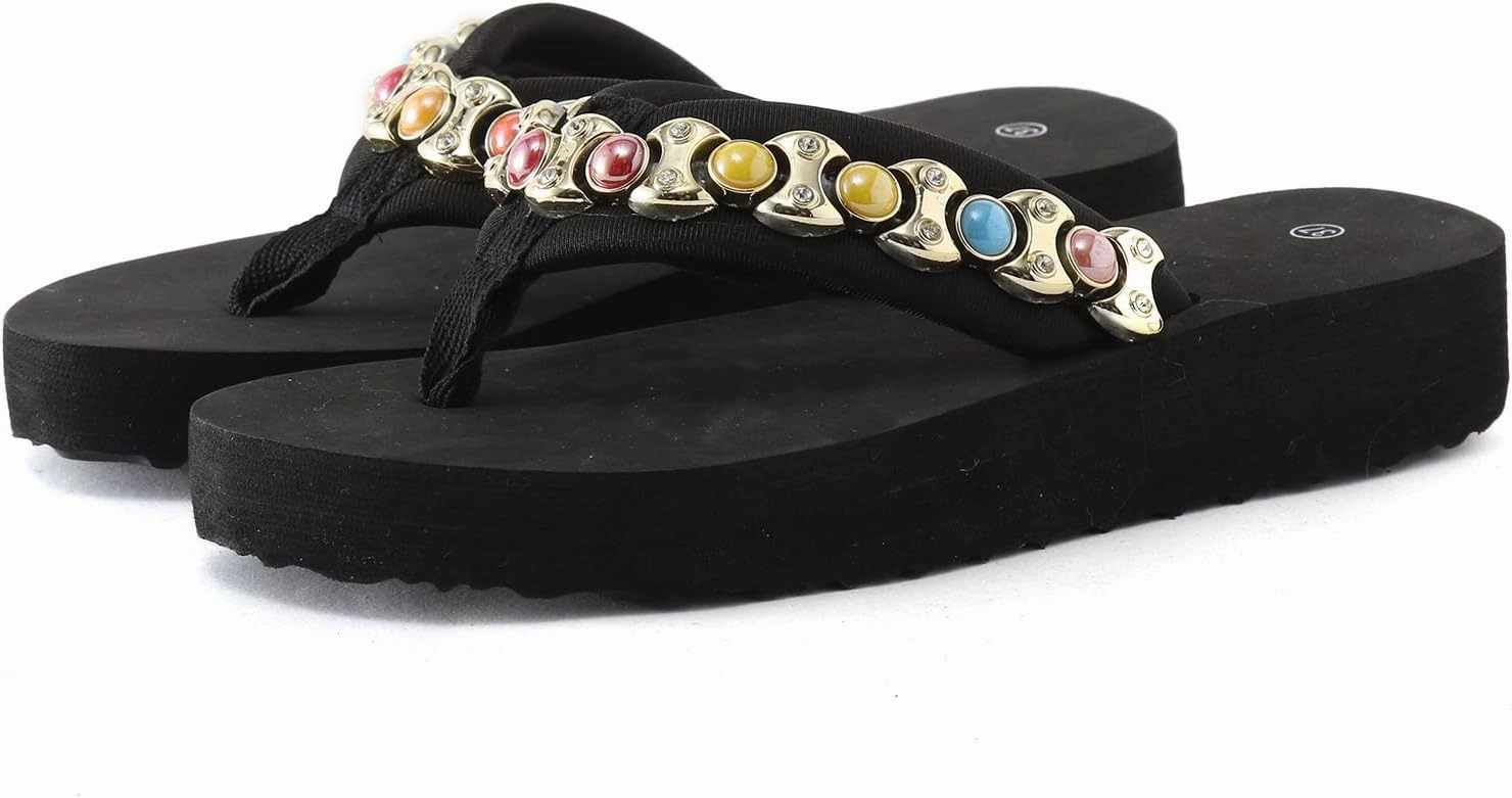 White Thong Flip Flops Funky Monkey Flip Flops Women Ladies Shoes Wedge Flip Flops Fashion Beads Comfortable Soft Flip Flops Beach Sandals (Black, 6.5)