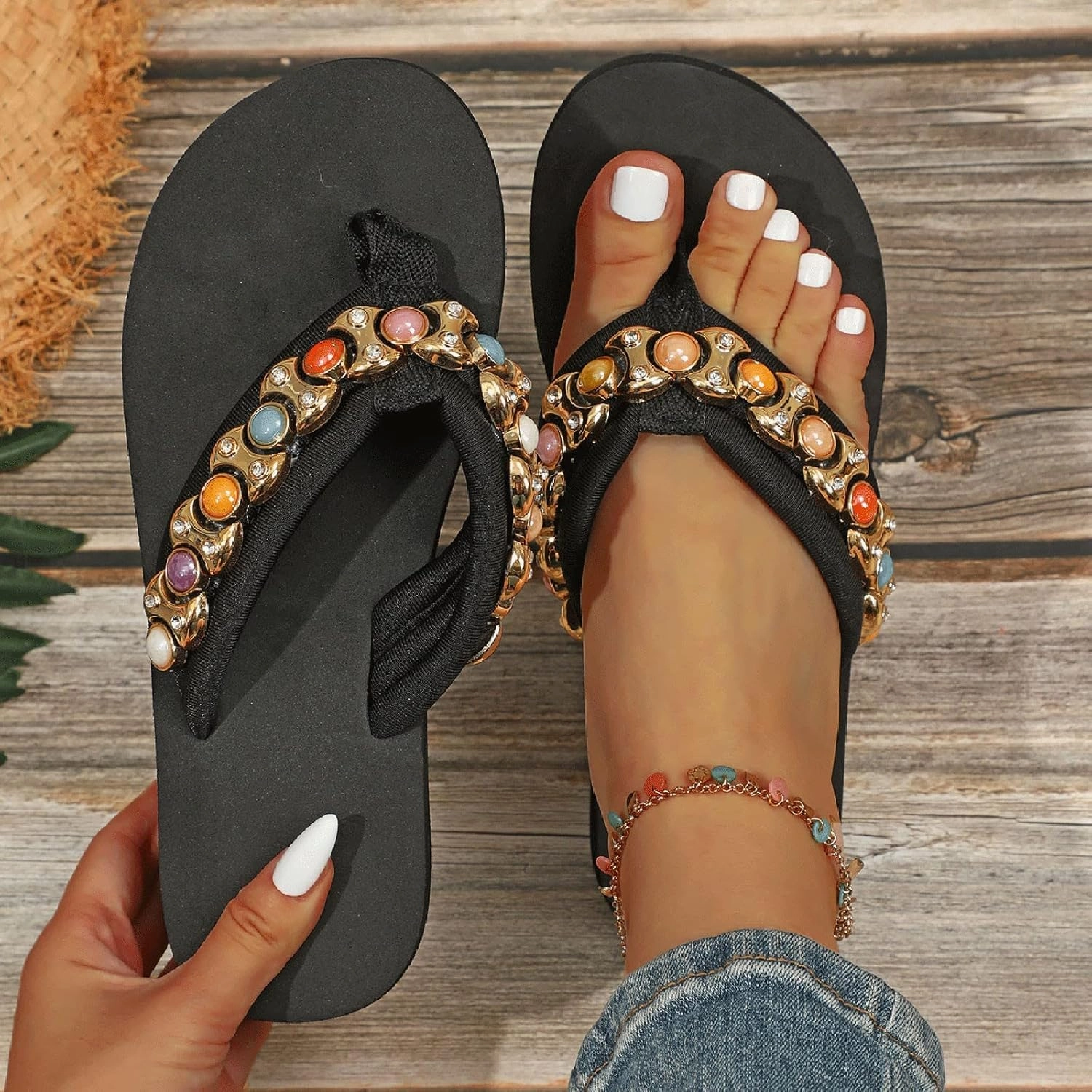 Flip Flops With Heels Uk Funky Monkey Flip Flops Women Ladies Shoes Wedge Flip Flops Fashion Beads Comfortable Soft Flip Flops Beach Sandals (Black, 6.5)