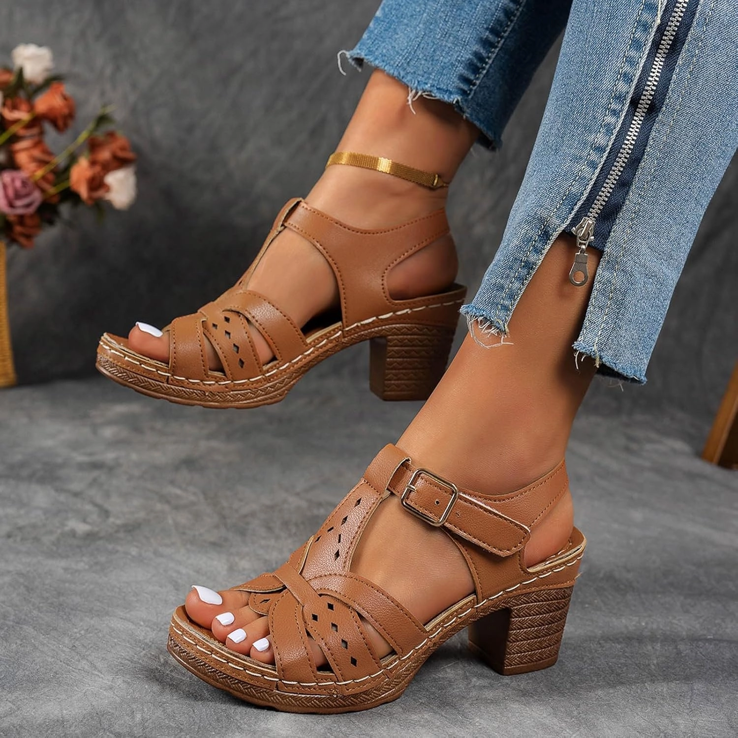 Premium Flip Flops Chunky Heels for Women Dressy Summer Low Heel Platform Wedge Sandals Open Toe Block Heels Ankle Strap Wedges Casual Hollow Out Sandals Breathable Dress Sandal for Work Dating Party