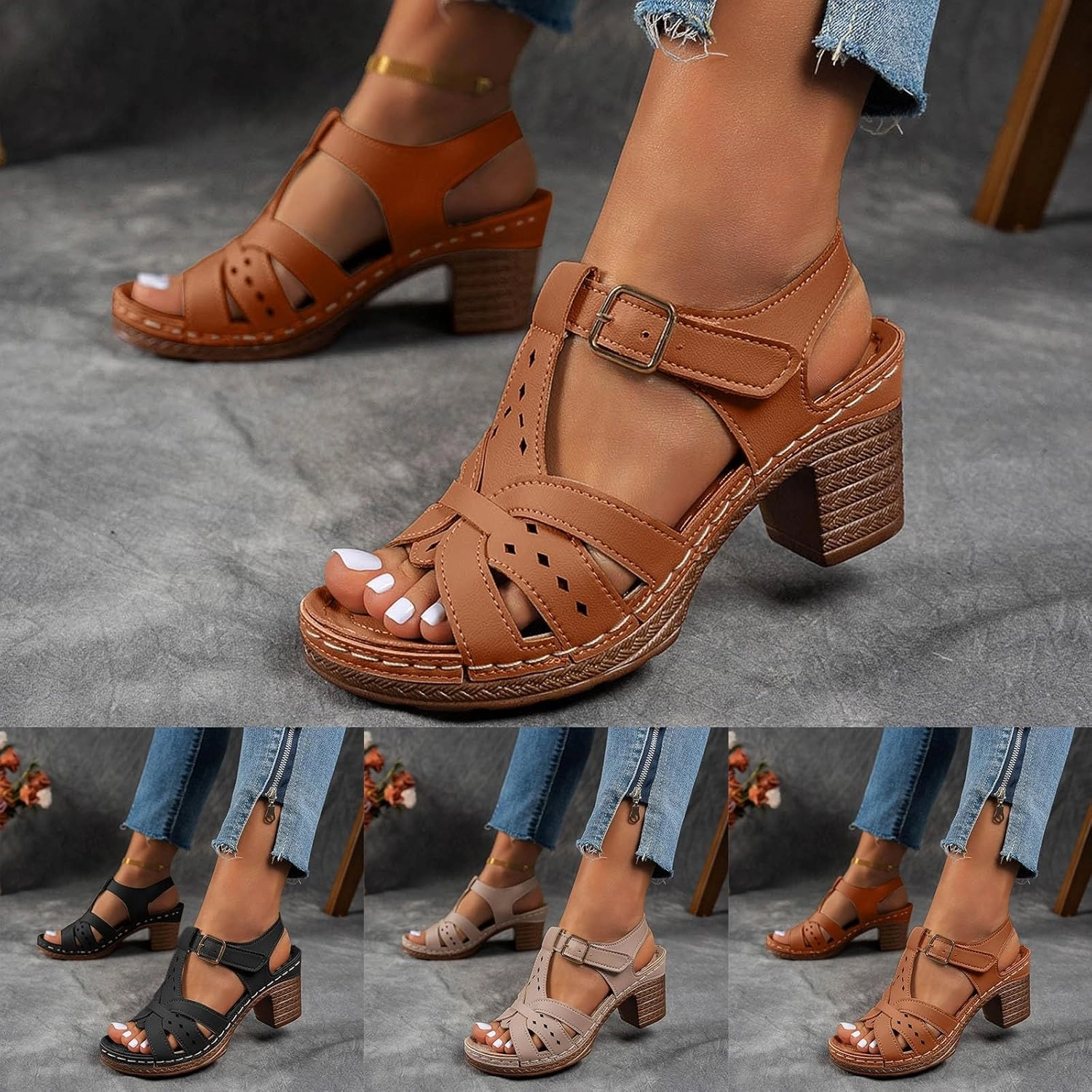 Chunky Heels for Women Dressy Summer Low Heel Platform Wedge Sandals Open Toe Block Heels Ankle Strap Wedges Casual Hollow Out Sandals Breathable Dress Sandal for Work Dating Party Better In Flip Flops