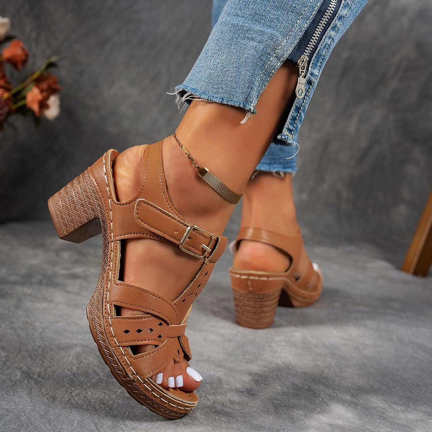 Thera Shoes Flip Flops Chunky Heels for Women Dressy Summer Low Heel Platform Wedge Sandals Open Toe Block Heels Ankle Strap Wedges Casual Hollow Out Sandals Breathable Dress Sandal for Work Dating Party