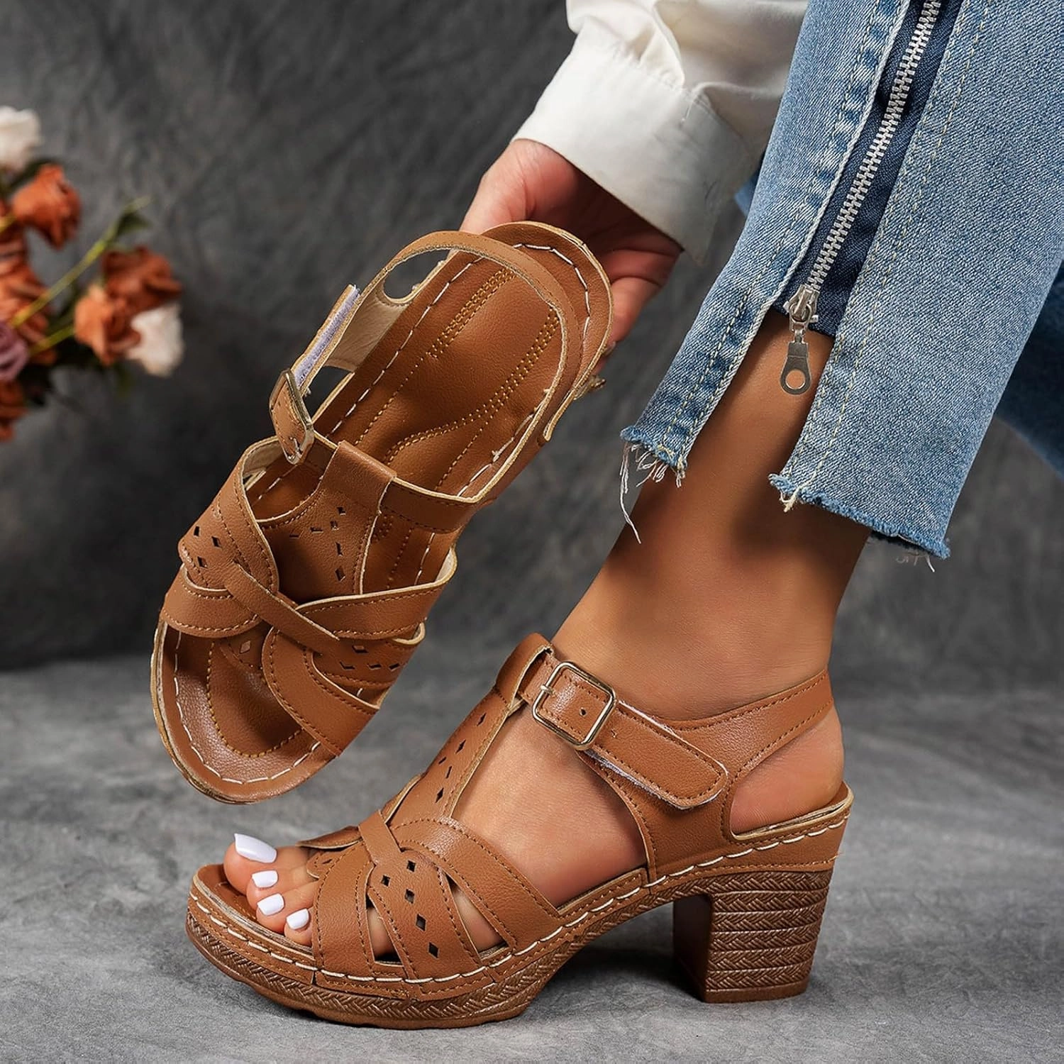 Best Flip Flops For Runners Chunky Heels for Women Dressy Summer Low Heel Platform Wedge Sandals Open Toe Block Heels Ankle Strap Wedges Casual Hollow Out Sandals Breathable Dress Sandal for Work Dating Party