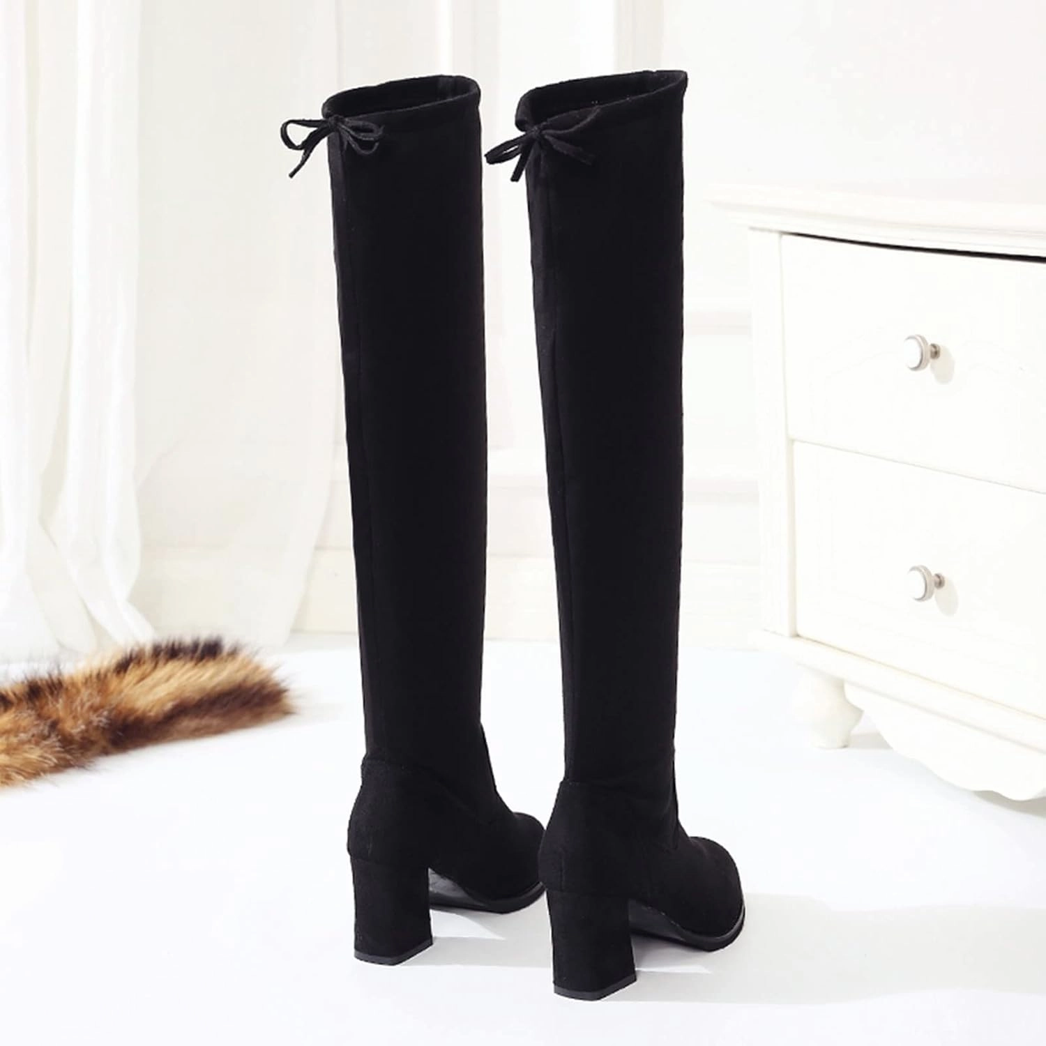 Women's Suede Over The Knee Boots Round Toe Side Zipper Flat Booties Thigh High Boots for Women Chunky Bottom Slip On Knee High Boots Casual Non Slip Winter Fall Long Tall Boots Knee High Embroidered Boots
