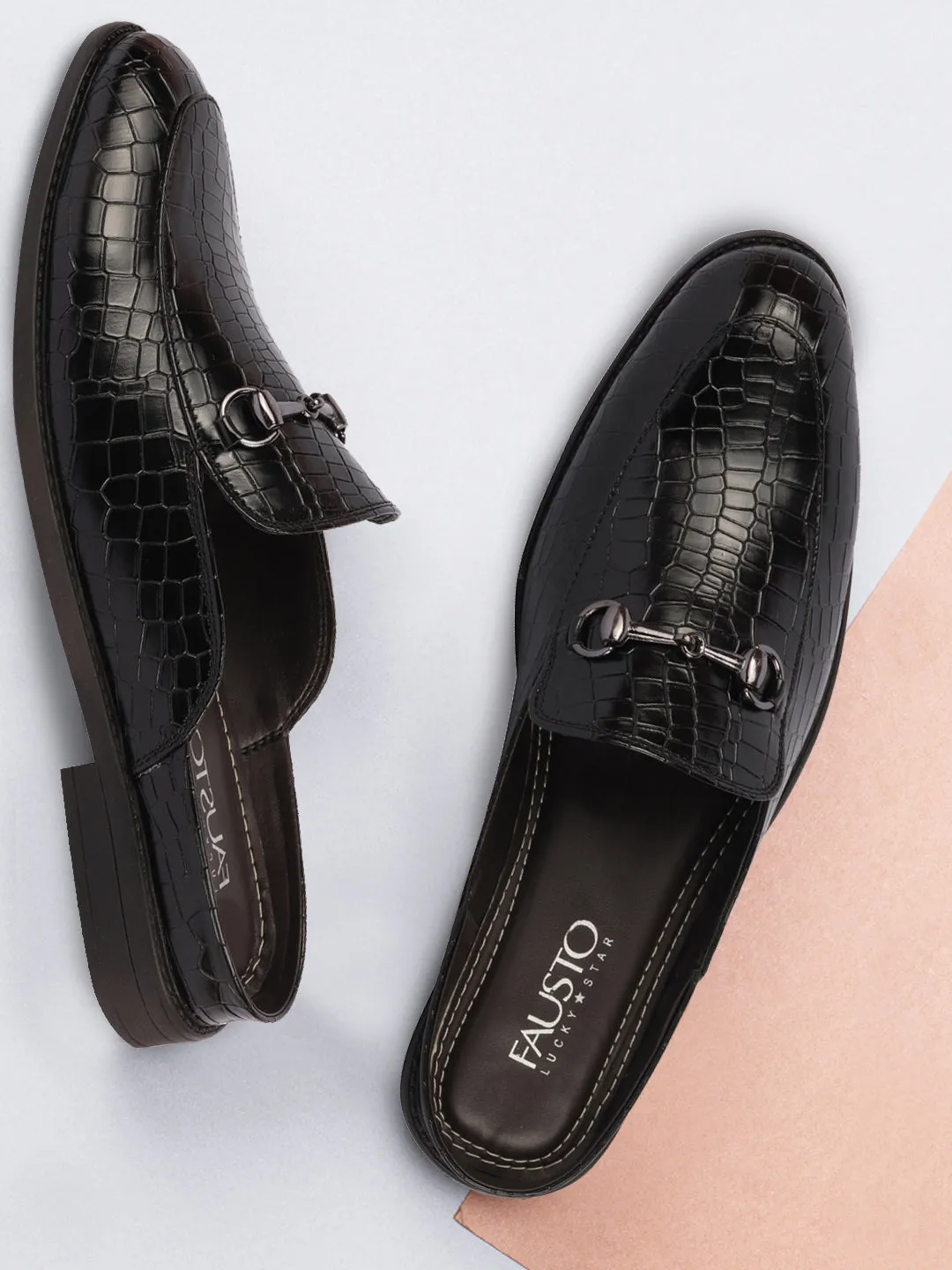 Men Black Embossed Leopard Print Design with Horsebit Buckle Ethnic Party Back Open Slip On Mules Shoes Best Walking Shoes For Pronators