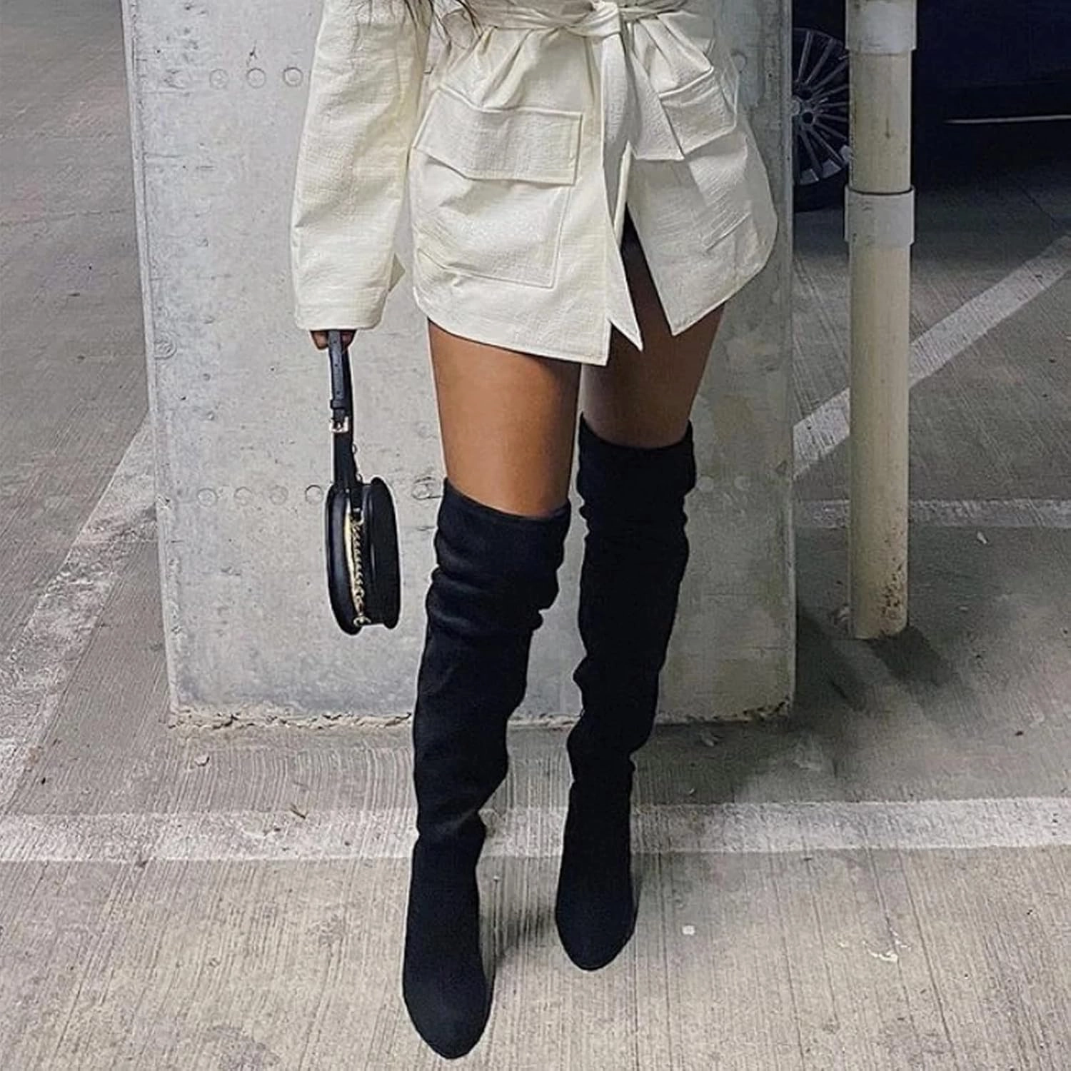 Women's Suede Over The Knee Boots Round Toe Side Zipper Flat Booties Thigh High Boots for Women Chunky Bottom Slip On Knee High Boots Casual Non Slip Winter Fall Long Tall Boots Woods Knee High Boots