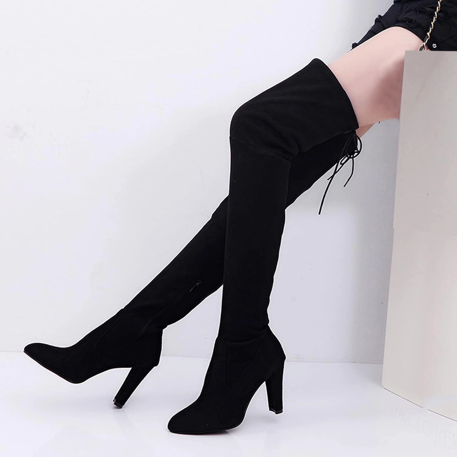 4 Inch Knee High Boots Women's Suede Over The Knee Boots Round Toe Side Zipper Flat Booties Thigh High Boots for Women Chunky Bottom Slip On Knee High Boots Casual Non Slip Winter Fall Long Tall Boots