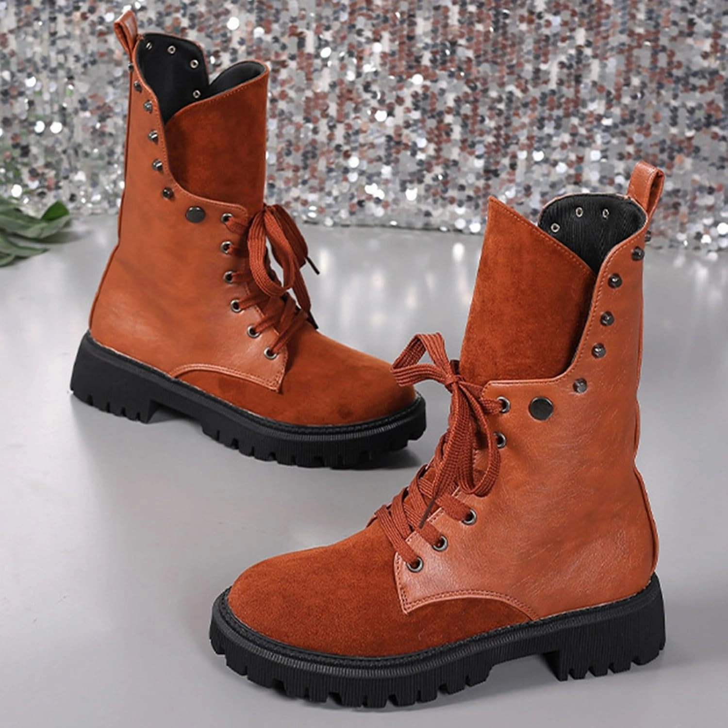 Hiking Boots Women Lug Sole Combat Boots Lace-Up Motorcycle Platform Ankle Short Booties Gothic Bootie Combat Boots Arch Support