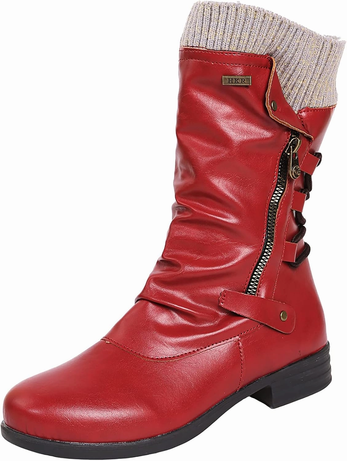 Patterned Combat Boots Hiking Boots Women Retro Knit Elastic Ankle Western Cowboy Boots Zipper Chunky Heel Strappy Mid-Calf Boots