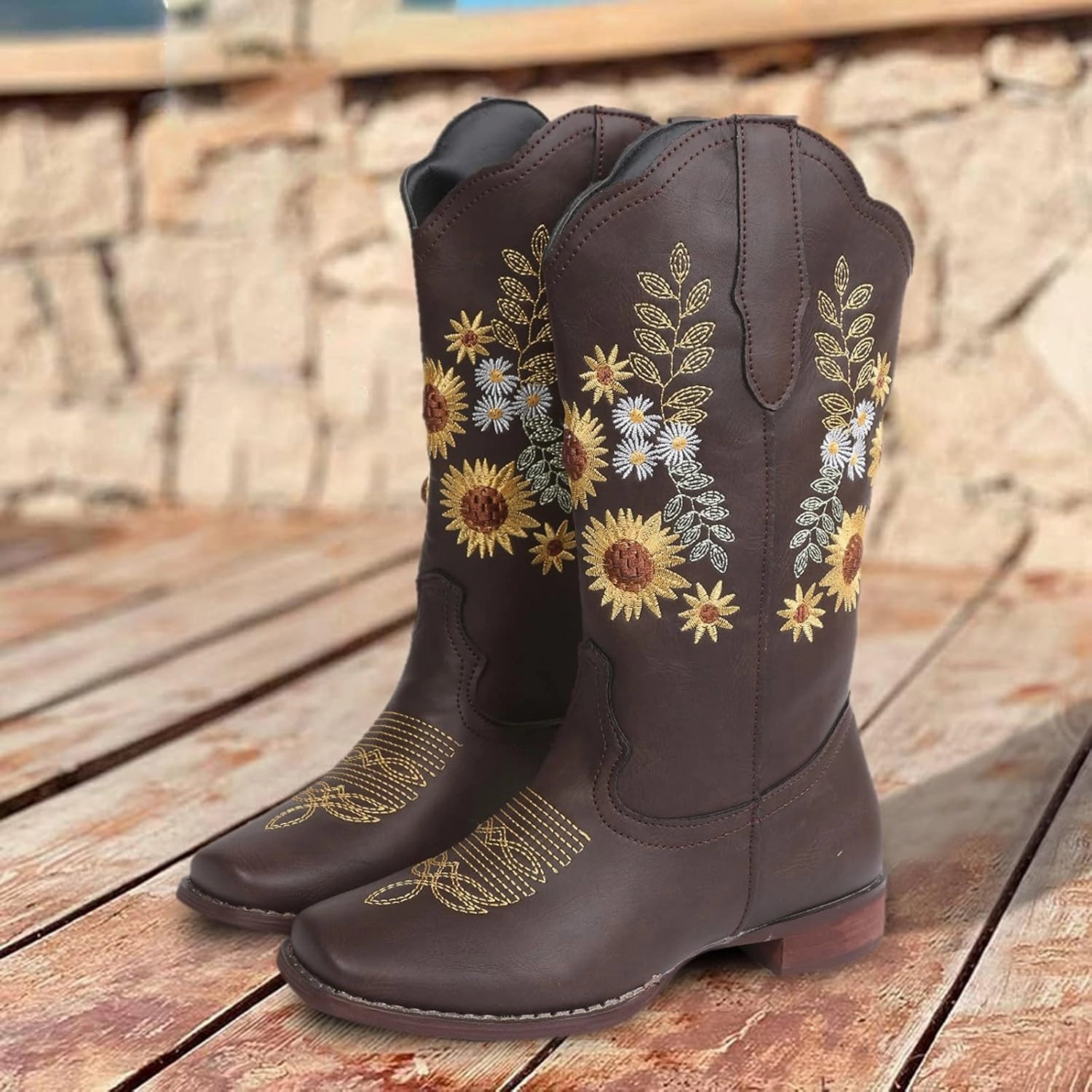 Hiking Boots Women Sunflower Vintage Motorcycle Boots Embroidered Cowgirl Boots Mid Cowboy Western Boots Aquatalia Combat Boots