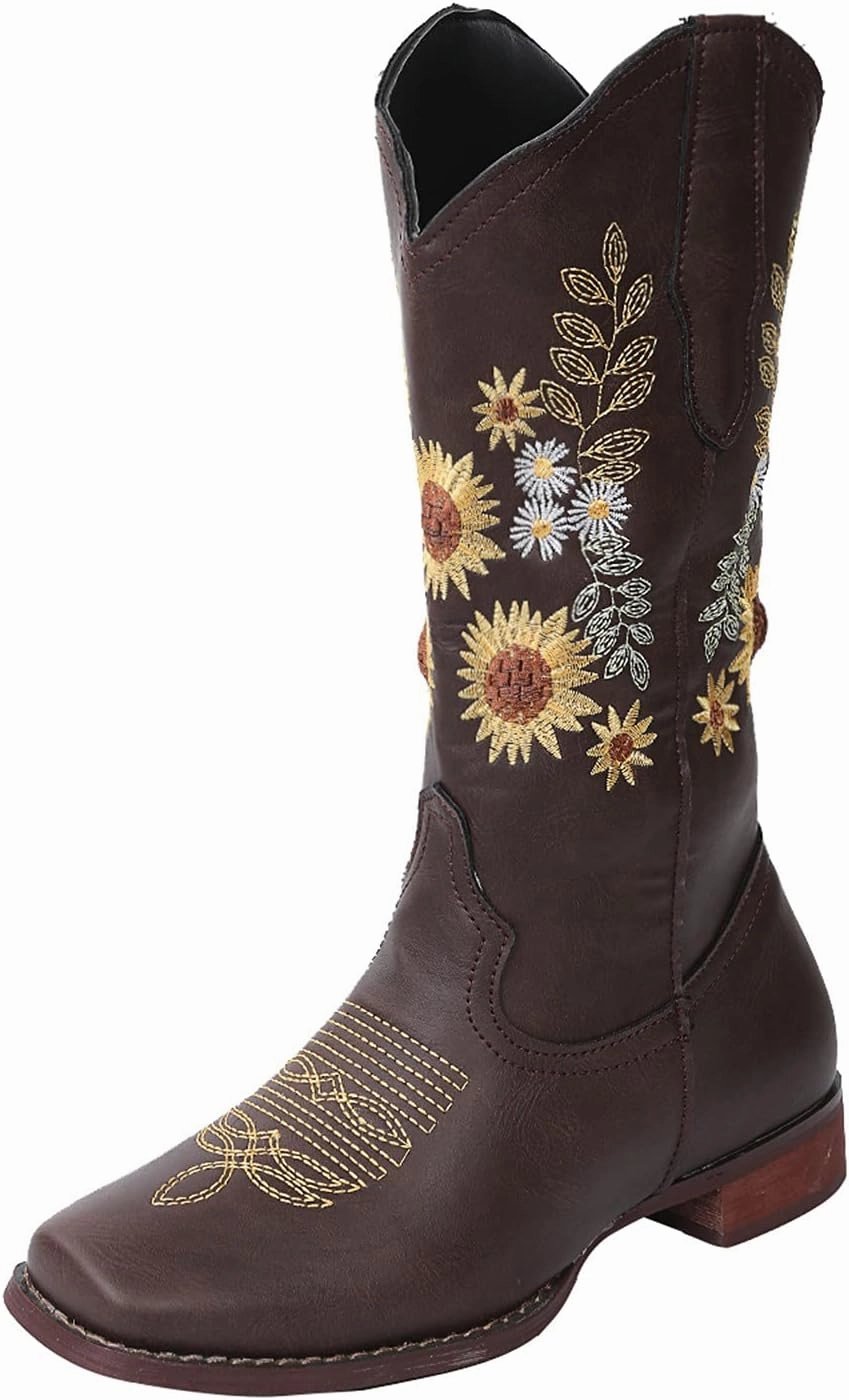 Curves And Combat Boots Leggings Hiking Boots Women Sunflower Vintage Motorcycle Boots Embroidered Cowgirl Boots Mid Cowboy Western Boots
