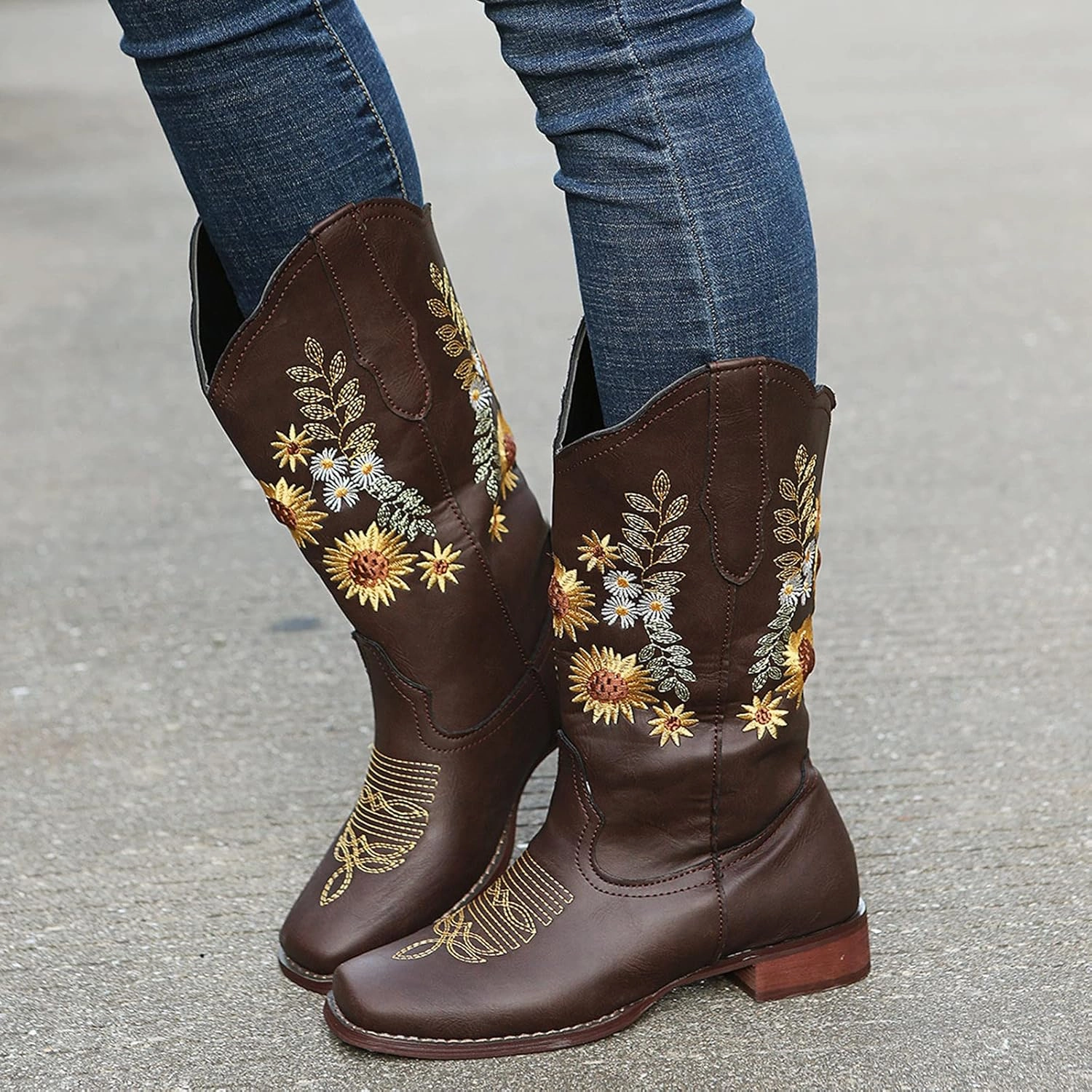 Khaki Combat Boots Hiking Boots Women Sunflower Vintage Motorcycle Boots Embroidered Cowgirl Boots Mid Cowboy Western Boots