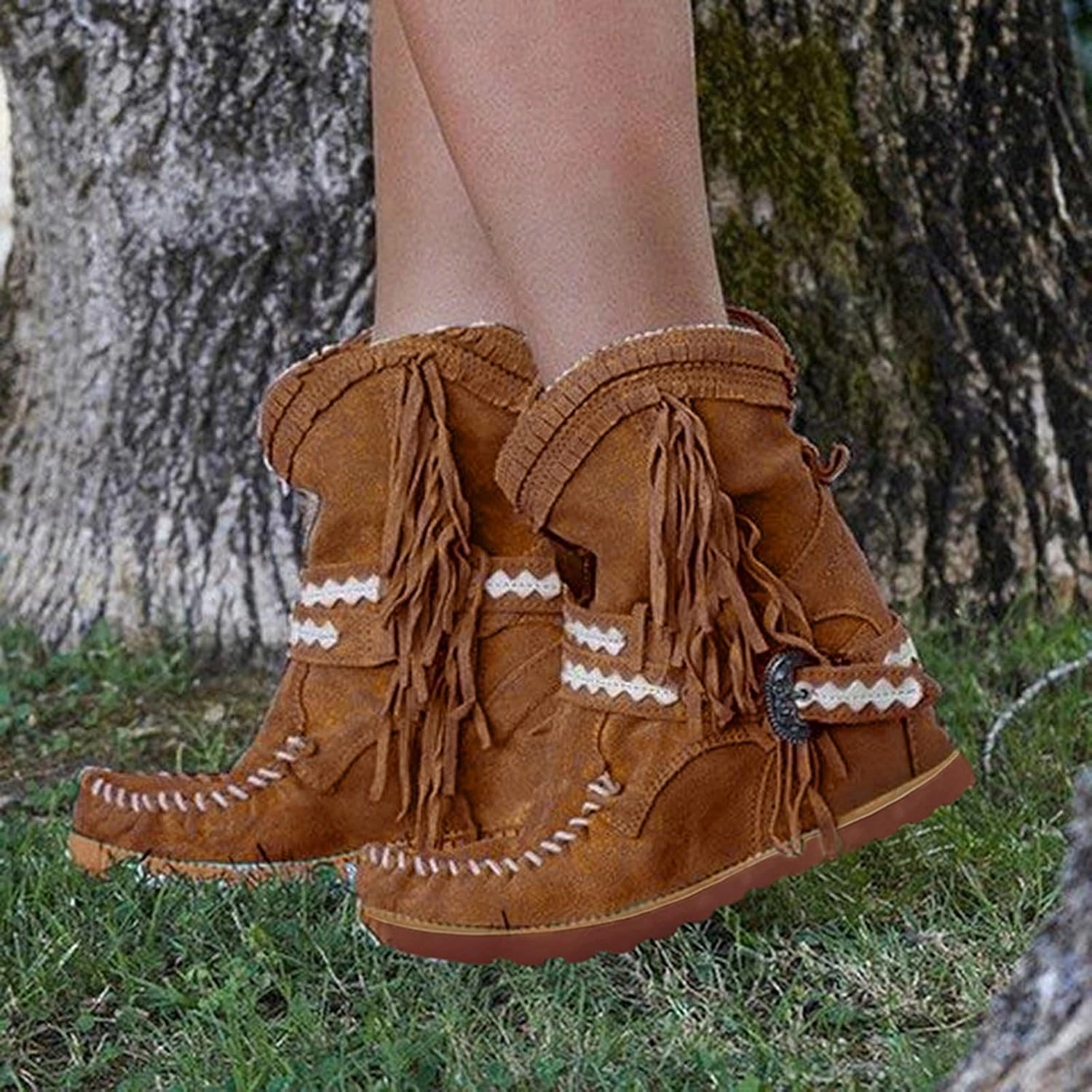 Size 14 Combat Boots Hiking Boots Women Tassel Flat Cowboy Boots Suede Buckle Wedge Cowgirl Western Ankle Booties Ankle Bootie