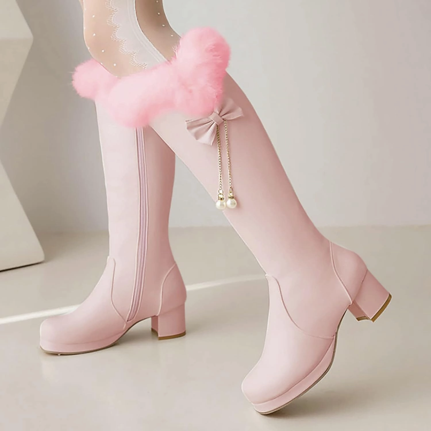 Carlos Santana Knee High Boots Ankle Boots for Women Comfy Rabbit Hair Thick Instep High Heel Sweet High Boots Padded Cotton Boots Warm Snow Boots