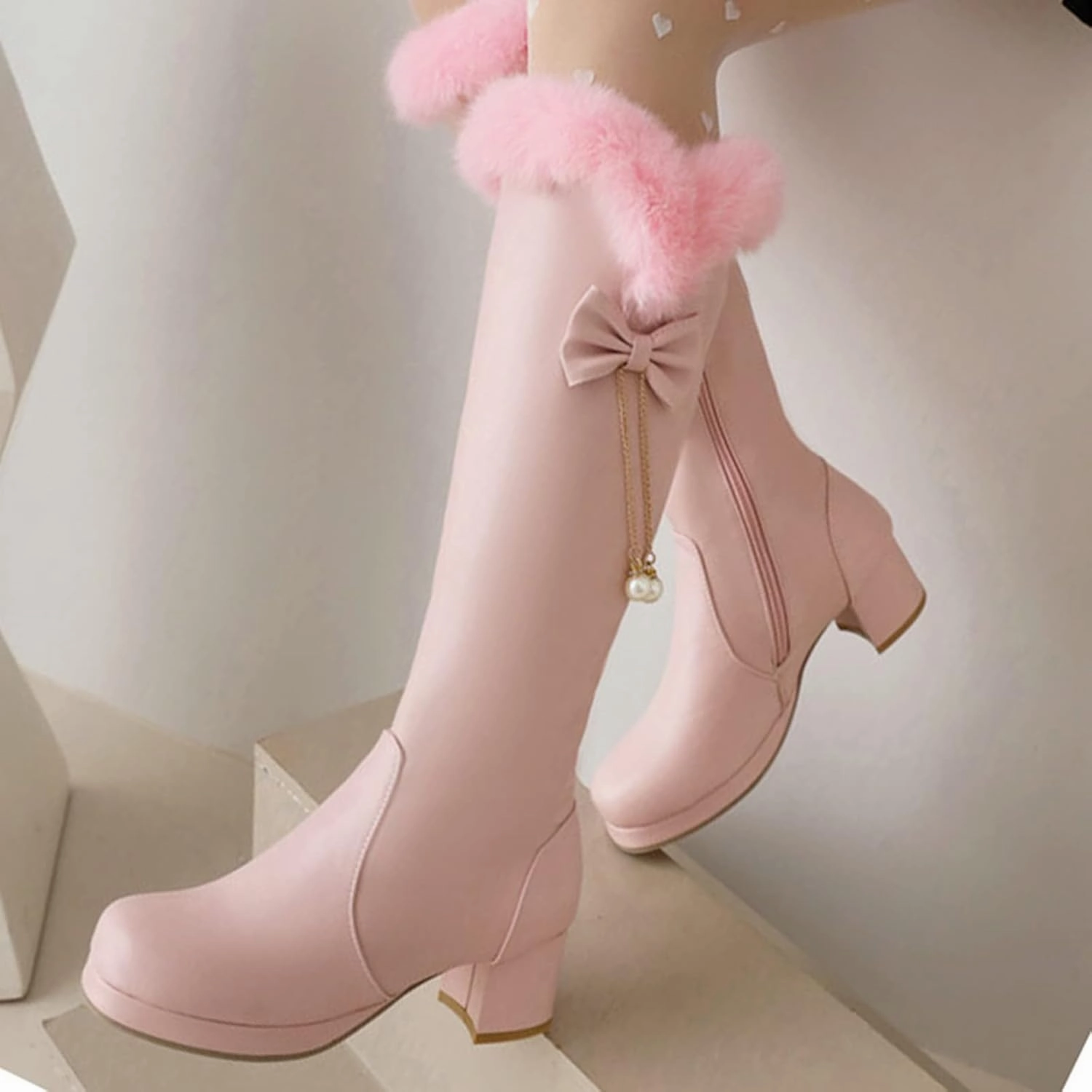 Stacked Heel Knee High Boots Ankle Boots for Women Comfy Rabbit Hair Thick Instep High Heel Sweet High Boots Padded Cotton Boots Warm Snow Boots