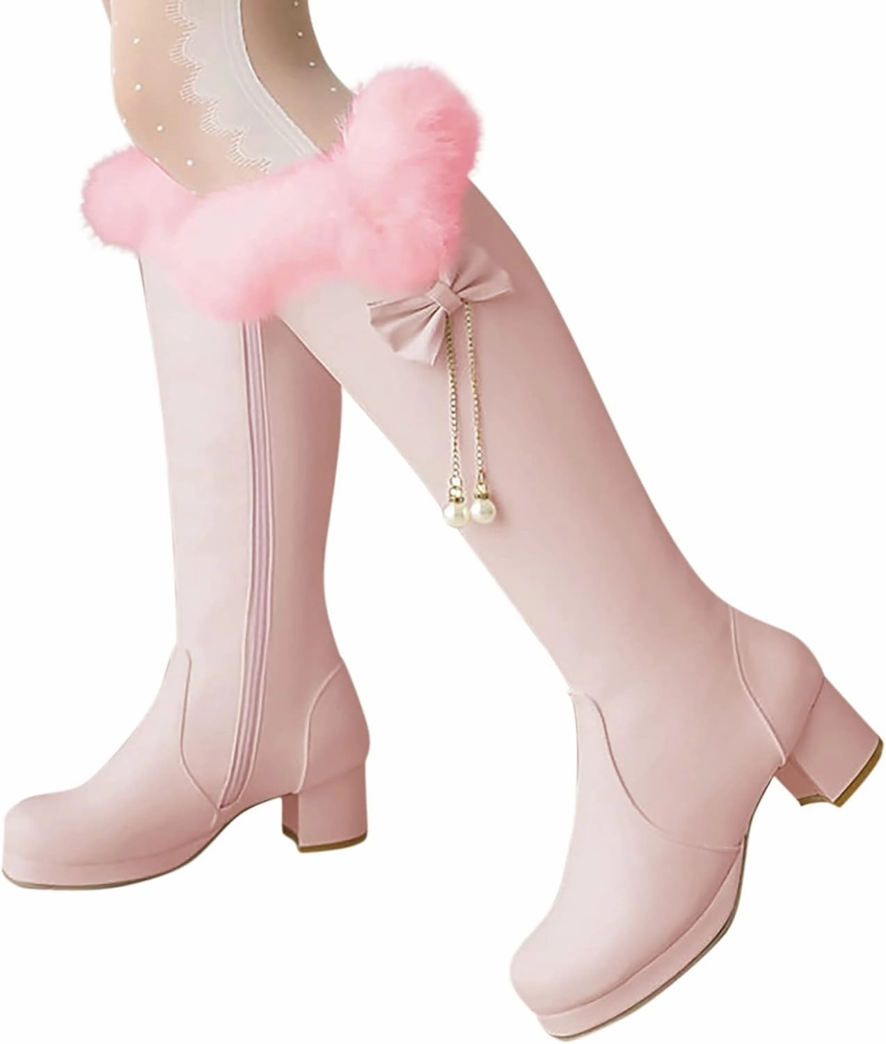 Ankle Boots for Women Comfy Rabbit Hair Thick Instep High Heel Sweet High Boots Padded Cotton Boots Warm Snow Boots Waterproof Knee High Hunting Boots