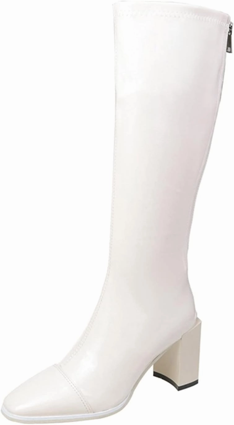 Fitting Knee High Boots Women's Knee High Boots - Chunky Heel, Pointed Toe, Leather, Side Zipper - Winter Boots for Women High Heels Booties