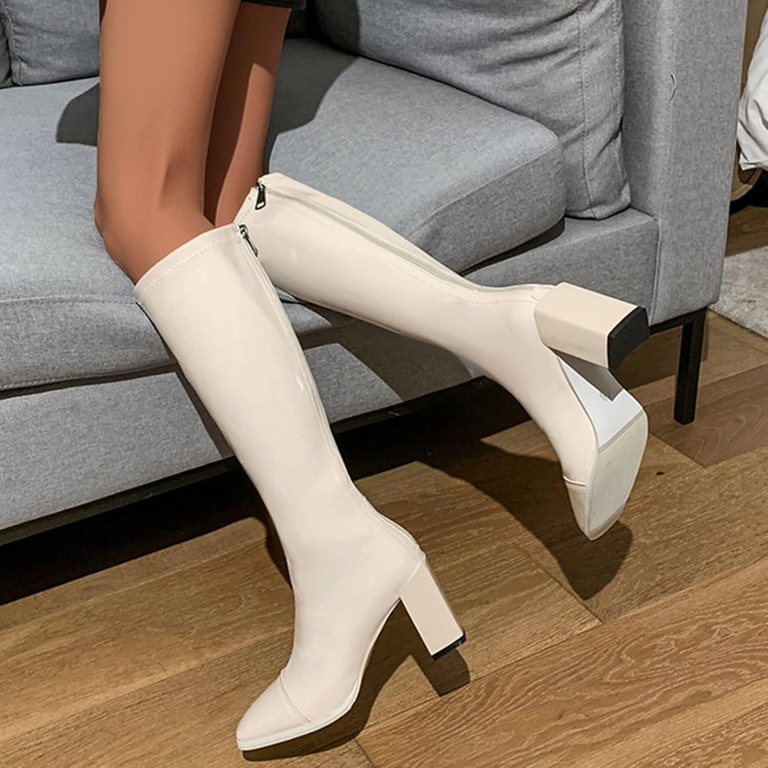 Knee High Fluffy Boots Women's Knee High Boots - Chunky Heel, Pointed Toe, Leather, Side Zipper - Winter Boots for Women High Heels Booties