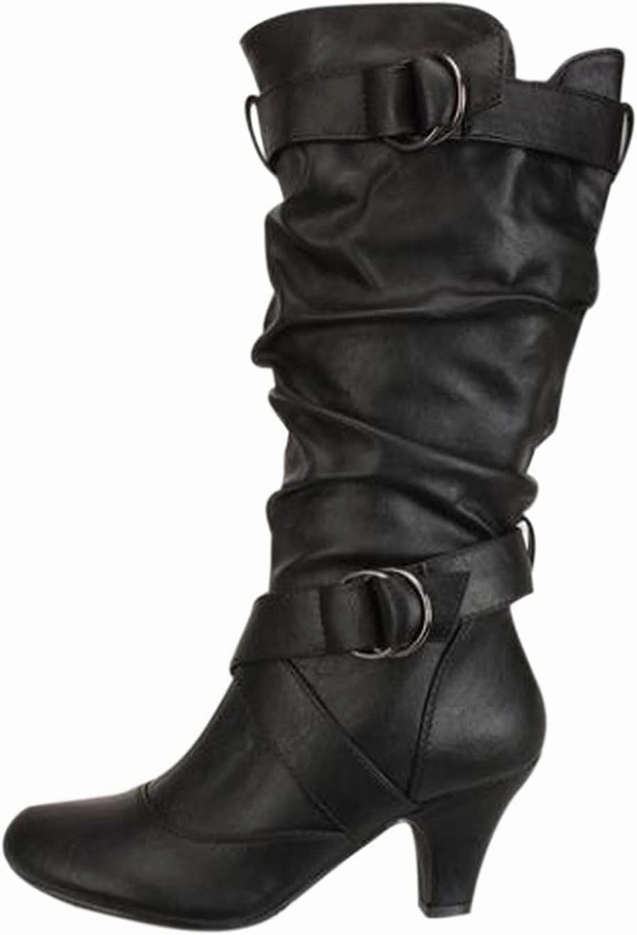 Hiking Boots Women Pleated 2 Buckle Belt Knee High Boots Low Block Heel Thigh High Boots Tall Long Bootie Combat Boots Sexy