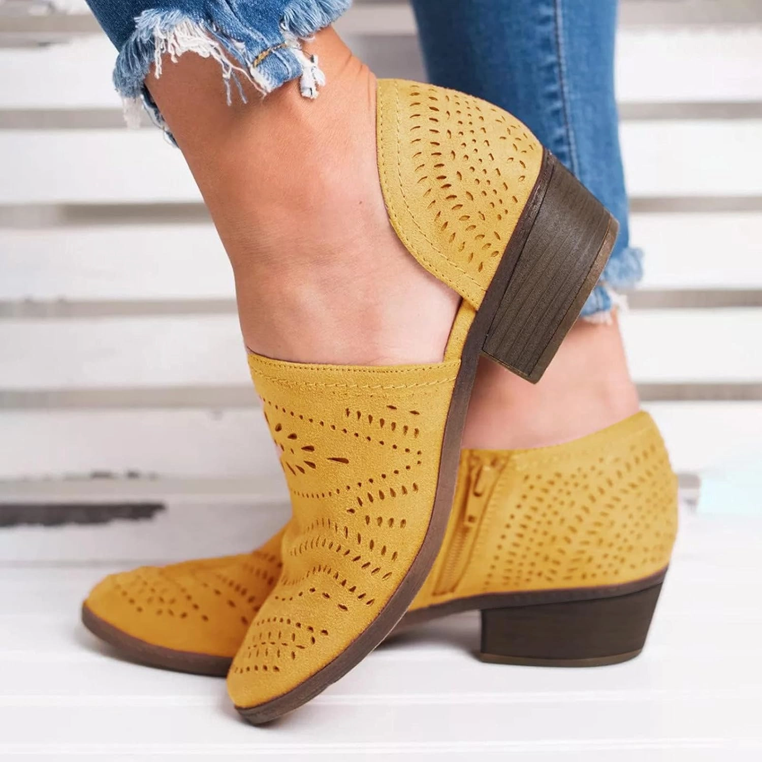 SACFOF Women's Ankle Boots Casual Cutout Booties Chunky Stacked Heel Perforated Side V Cut Western Shoes Slip-on Short Boots Best Tennis Shoes For Wide Feet