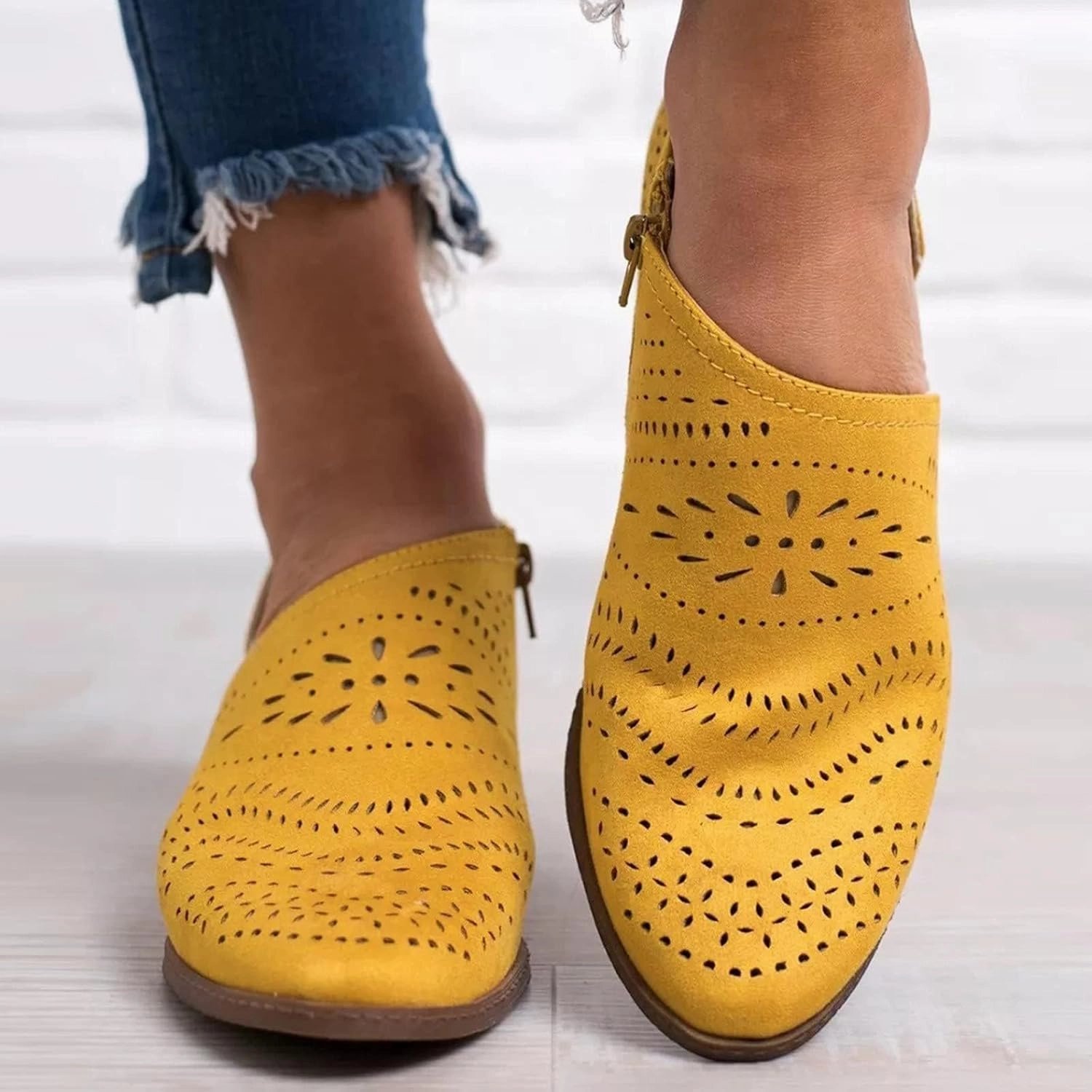 Tennis Express Tennis Shoes SACFOF Women's Ankle Boots Casual Cutout Booties Chunky Stacked Heel Perforated Side V Cut Western Shoes Slip-on Short Boots