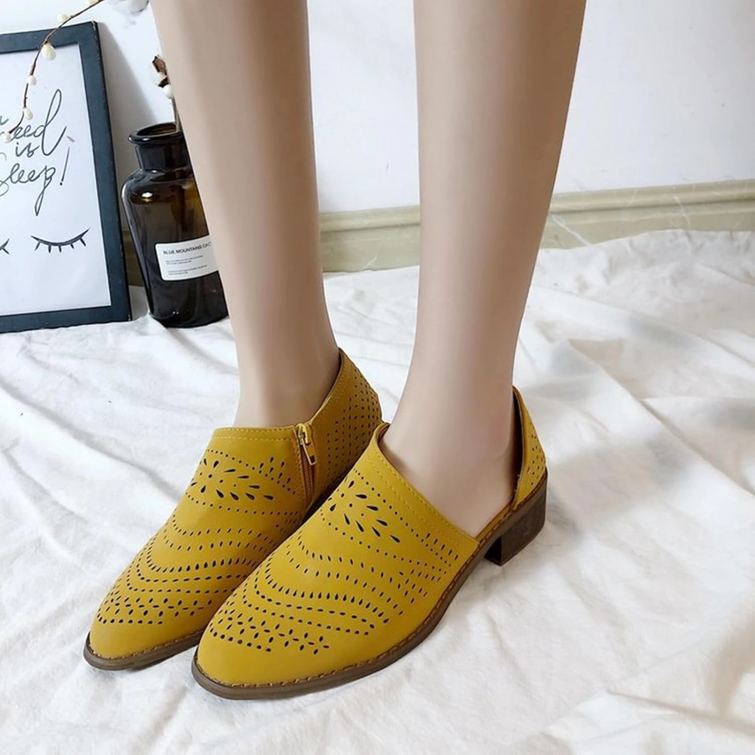 SACFOF Women's Ankle Boots Casual Cutout Booties Chunky Stacked Heel Perforated Side V Cut Western Shoes Slip-on Short Boots Slide Tennis Shoes