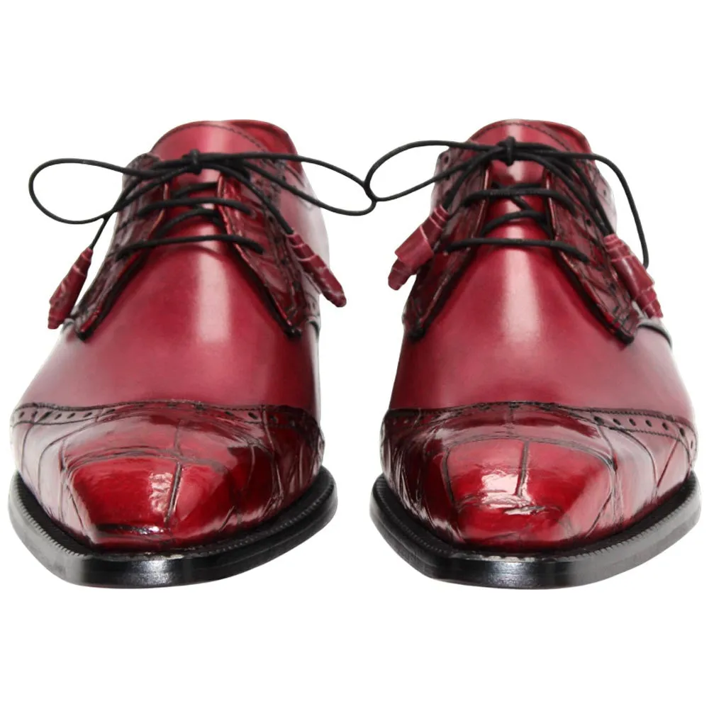 Dress Tie Shoes Fennix of Italy Genuine Alligator Skin JAX Red Trendy Derby Shoes (USA Men Size)