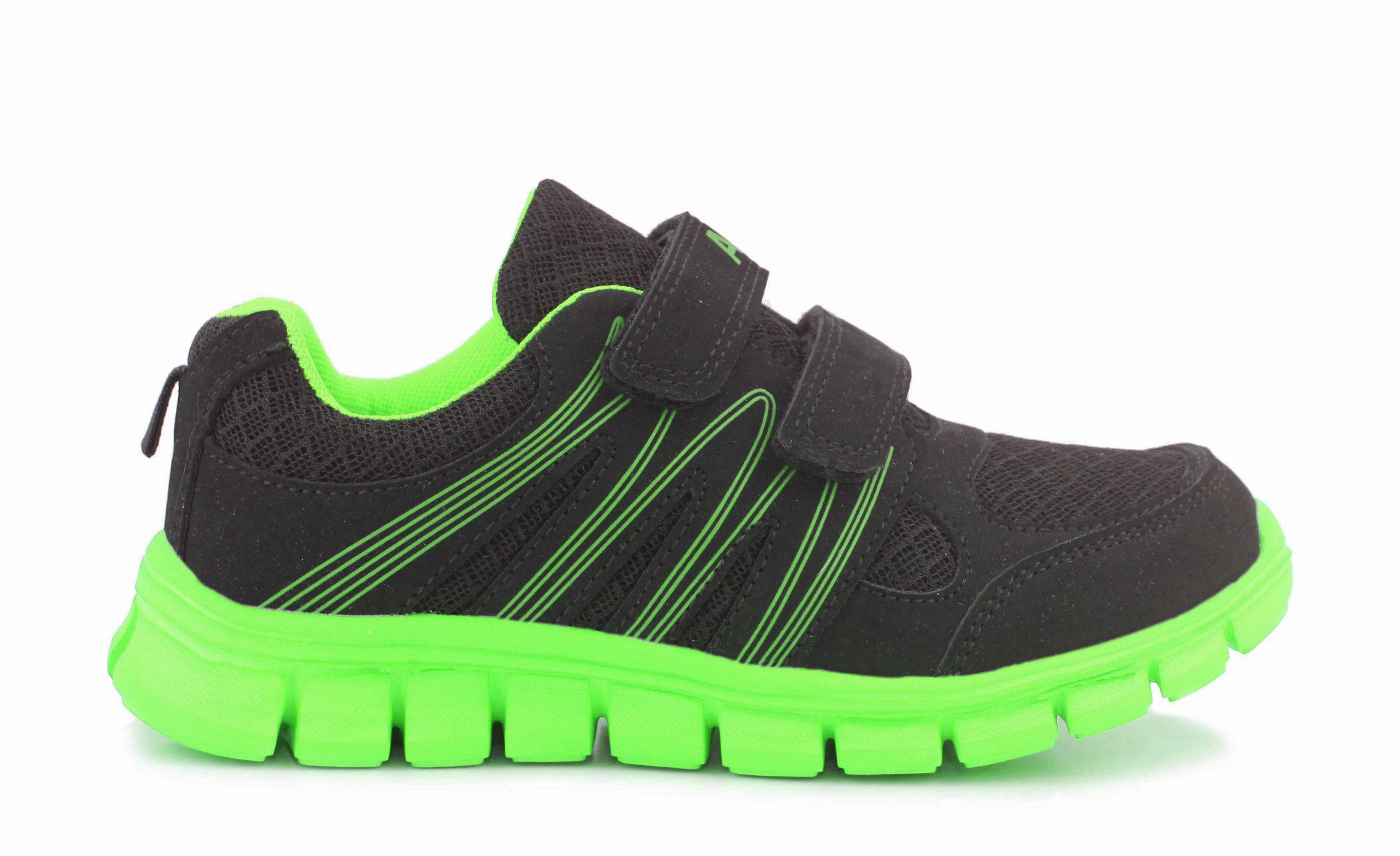 Kids Black Neon Green Youth Super Lightweight EVA Double Touch Fasten Strap Sports Trainers Trail Running Shoes Vs Road Running Shoes