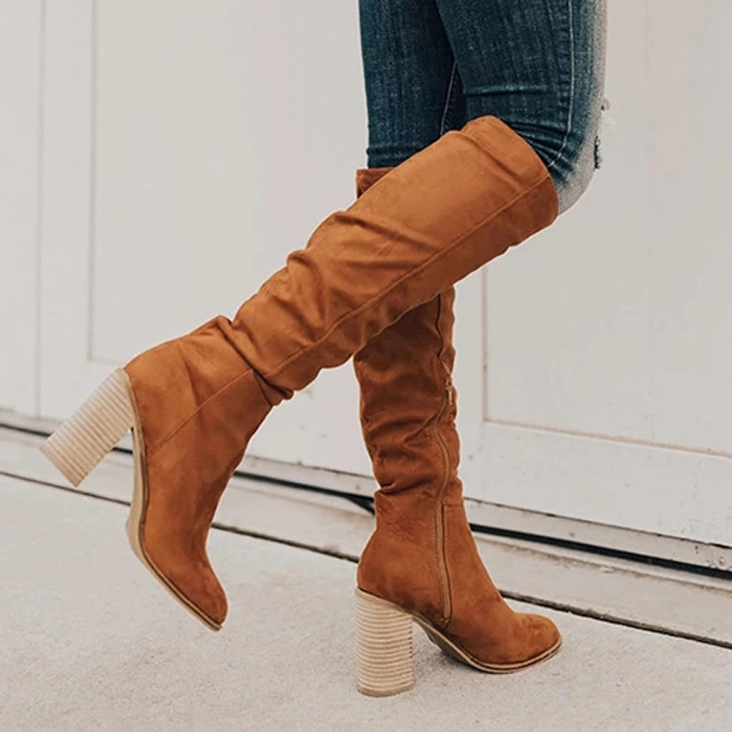 Knee High Boots Plateau Knee High Boots for Women Cowboy Boots for Women Flock Suede Chunky Heels Pointed Toe Zip up Thigh High Boots Outdoor