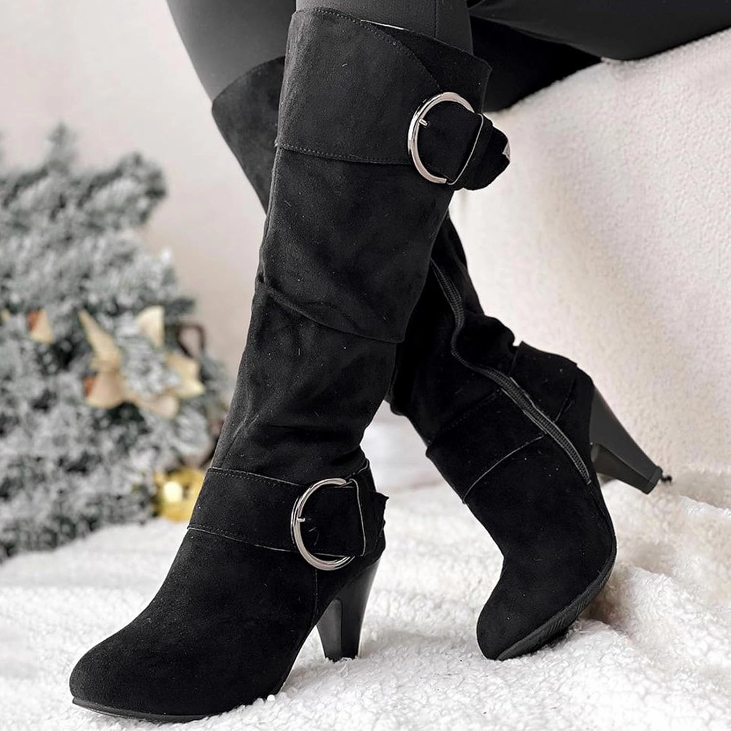 Knee High Fleece Lined Boots Knee High Boots Women High Heel Fashion Belt Buckle Wine Glass Heel Pointed Toe Solid Color Thigh High Knee Boots