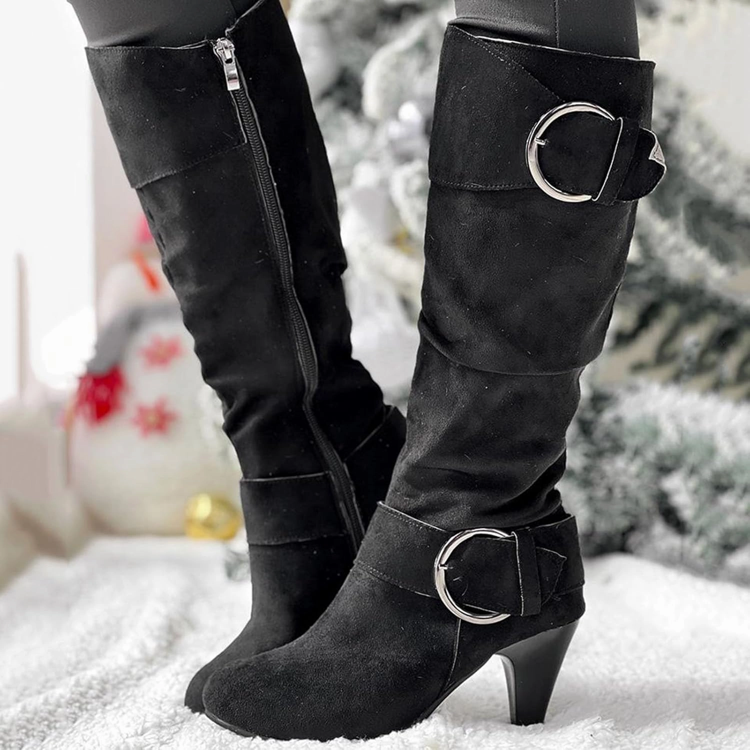 Knee High Boots Women High Heel Fashion Belt Buckle Wine Glass Heel Pointed Toe Solid Color Thigh High Knee Boots Colored Knee High Boots For Sale