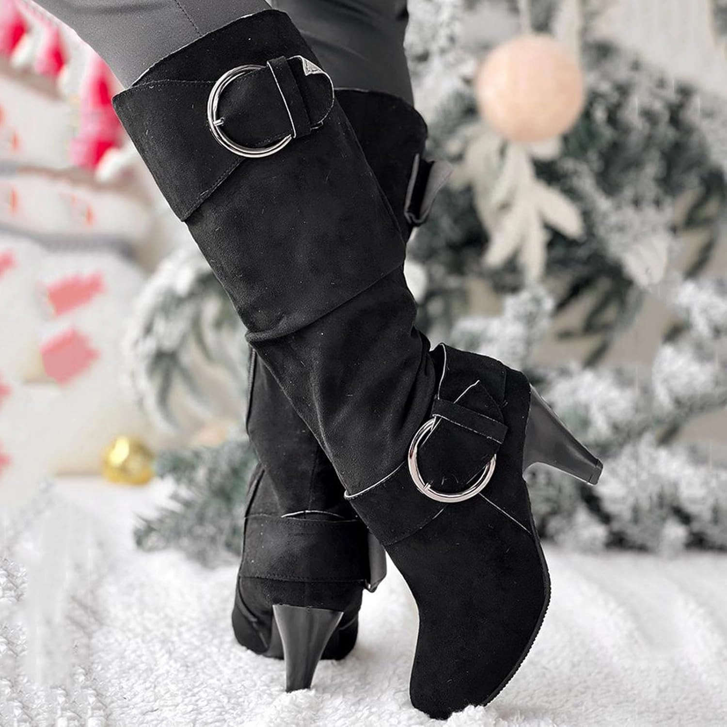 Knee High Boots Women High Heel Fashion Belt Buckle Wine Glass Heel Pointed Toe Solid Color Thigh High Knee Boots Latex Boots Knee High