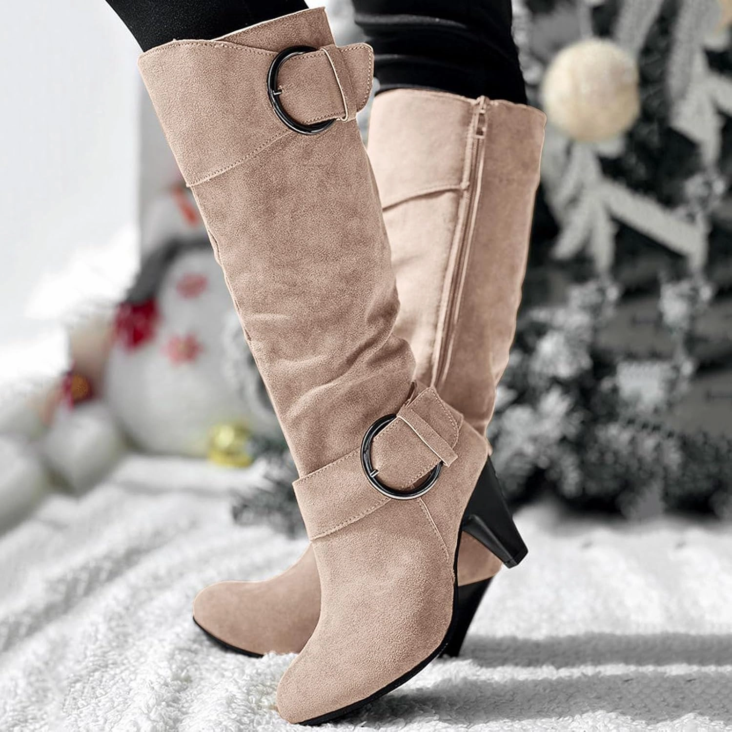 Knitted High Knee Boots Knee High Boots Women High Heel Fashion Belt Buckle Wine Glass Heel Pointed Toe Solid Color Thigh High Knee Boots