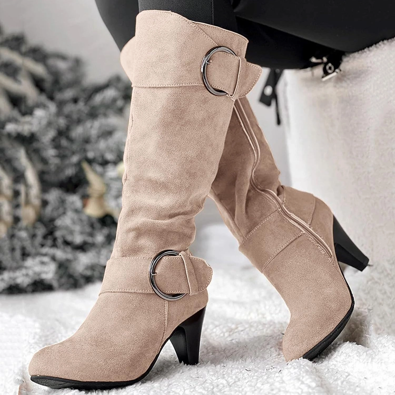 Wide Calf Knee High Boots Size 8 Knee High Boots Women High Heel Fashion Belt Buckle Wine Glass Heel Pointed Toe Solid Color Thigh High Knee Boots
