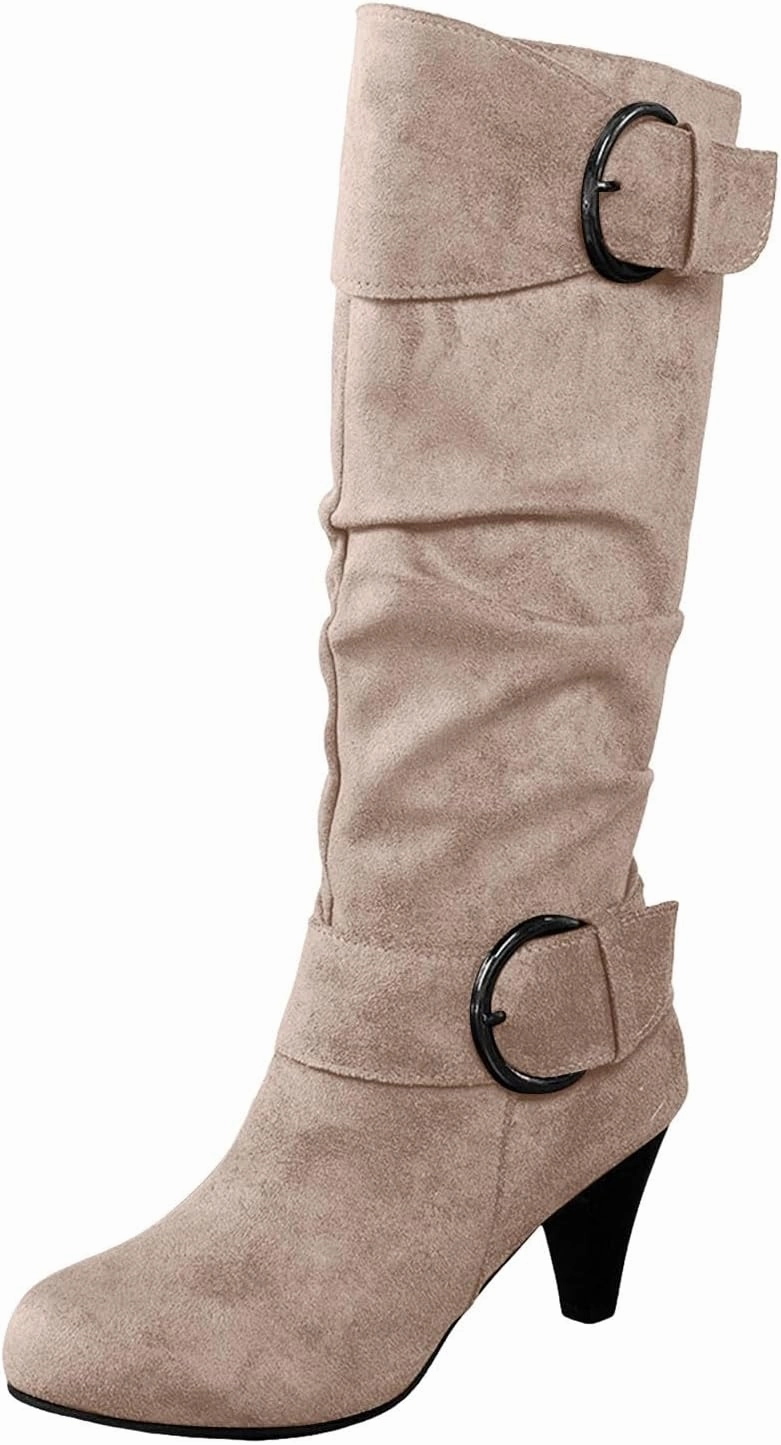 13 Inch Calf Knee High Boots Knee High Boots Women High Heel Fashion Belt Buckle Wine Glass Heel Pointed Toe Solid Color Thigh High Knee Boots