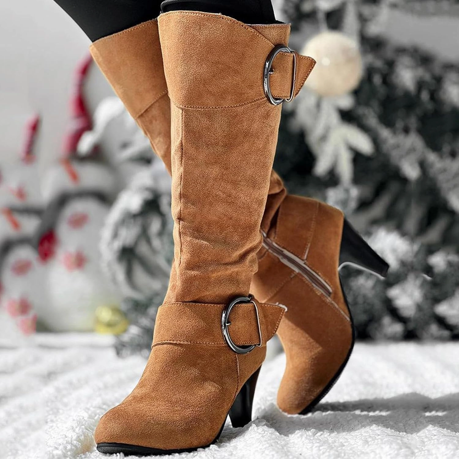 Knee High Boots Women High Heel Fashion Belt Buckle Wine Glass Heel Pointed Toe Solid Color Thigh High Knee Boots Aldo Knee High Suede Boots