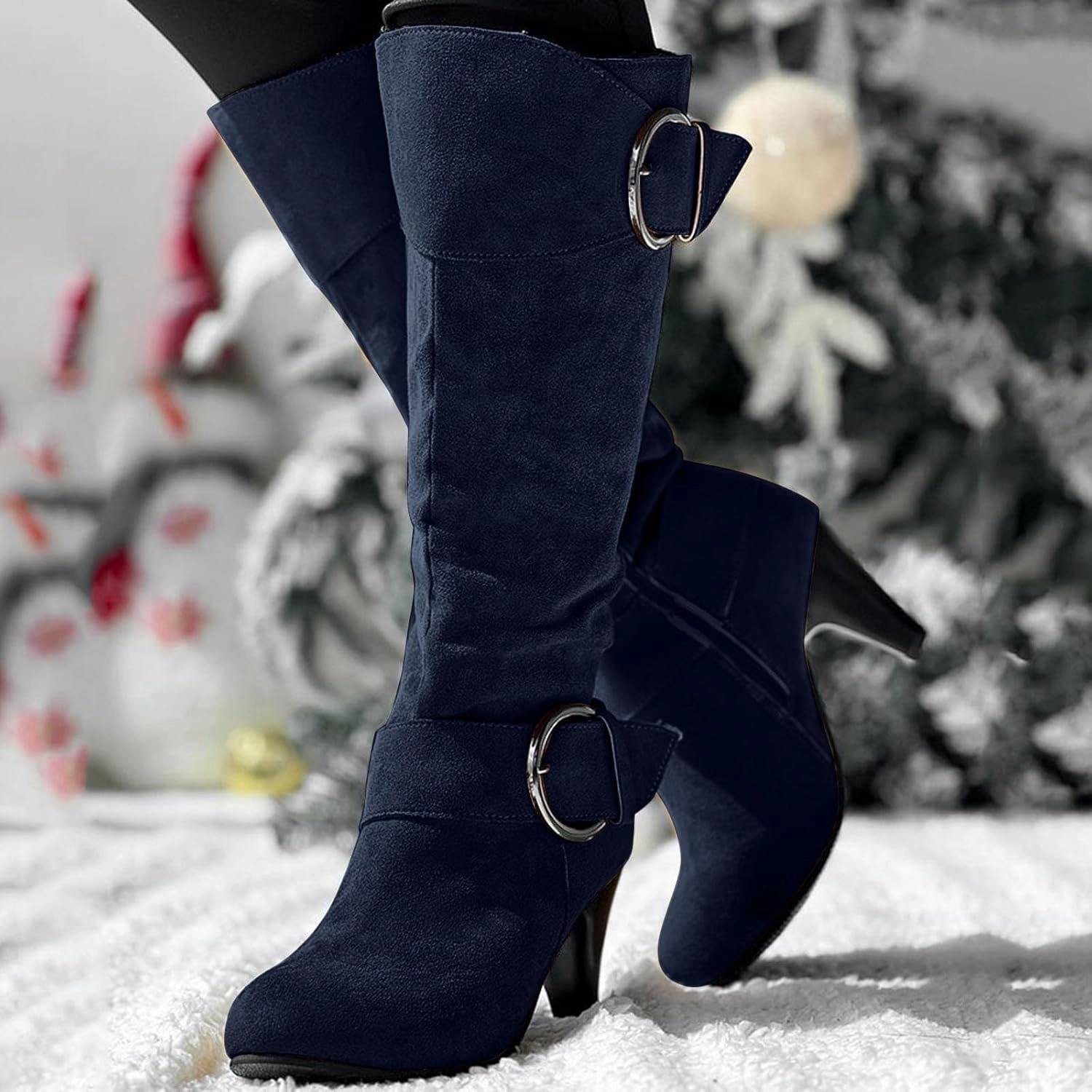 Knee High Boots Women High Heel Fashion Belt Buckle Wine Glass Heel Pointed Toe Solid Color Thigh High Knee Boots Knee High Boots Skinny Fit